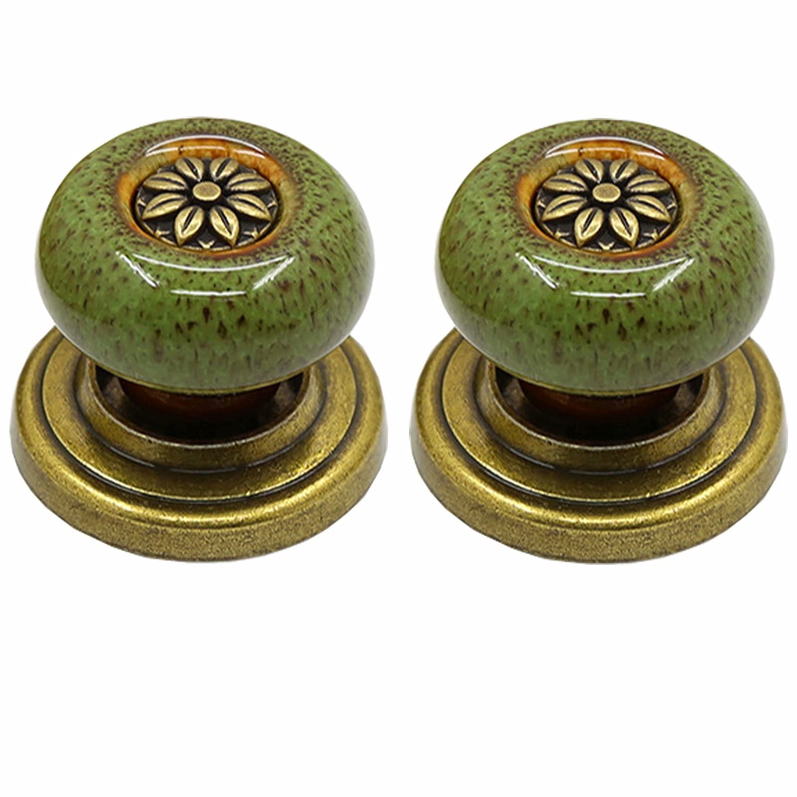 2 Pcs Leopard Print Green Ceramic Cabinet Knobs - Vintage Shabby Chic Drawer Pulls with Bronze Hardware - Perfect for Kitchen Cabinets, Dressers & DIY Furniture Upcycling Projects