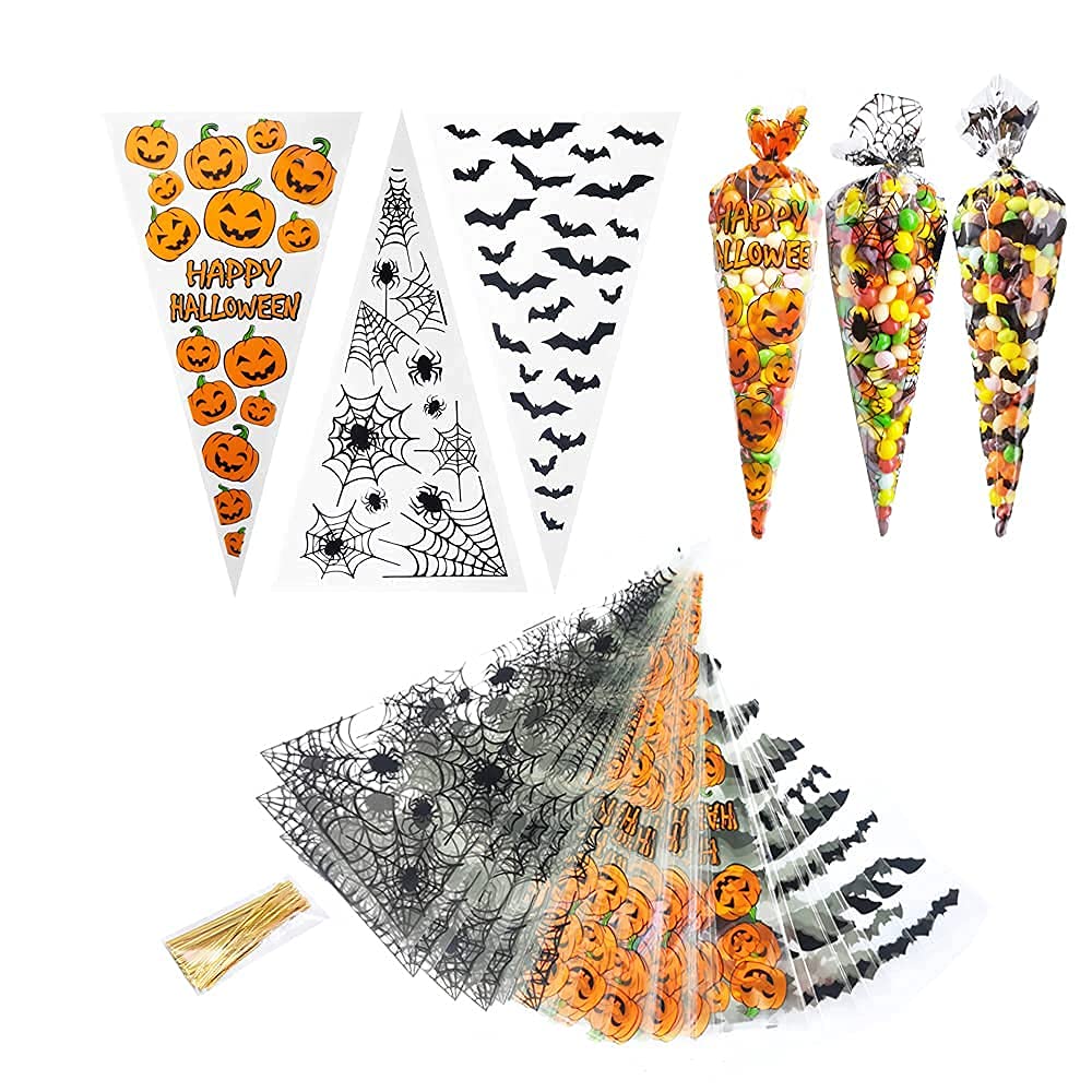 Halloween Candy Cone Bags 150Pc - Bat, Spider Web & Pumpkin Themed Cellophane Treat Bags with Twist Ties | Perfect for Trick-or-Treating, Party Favors & Classroom Treats