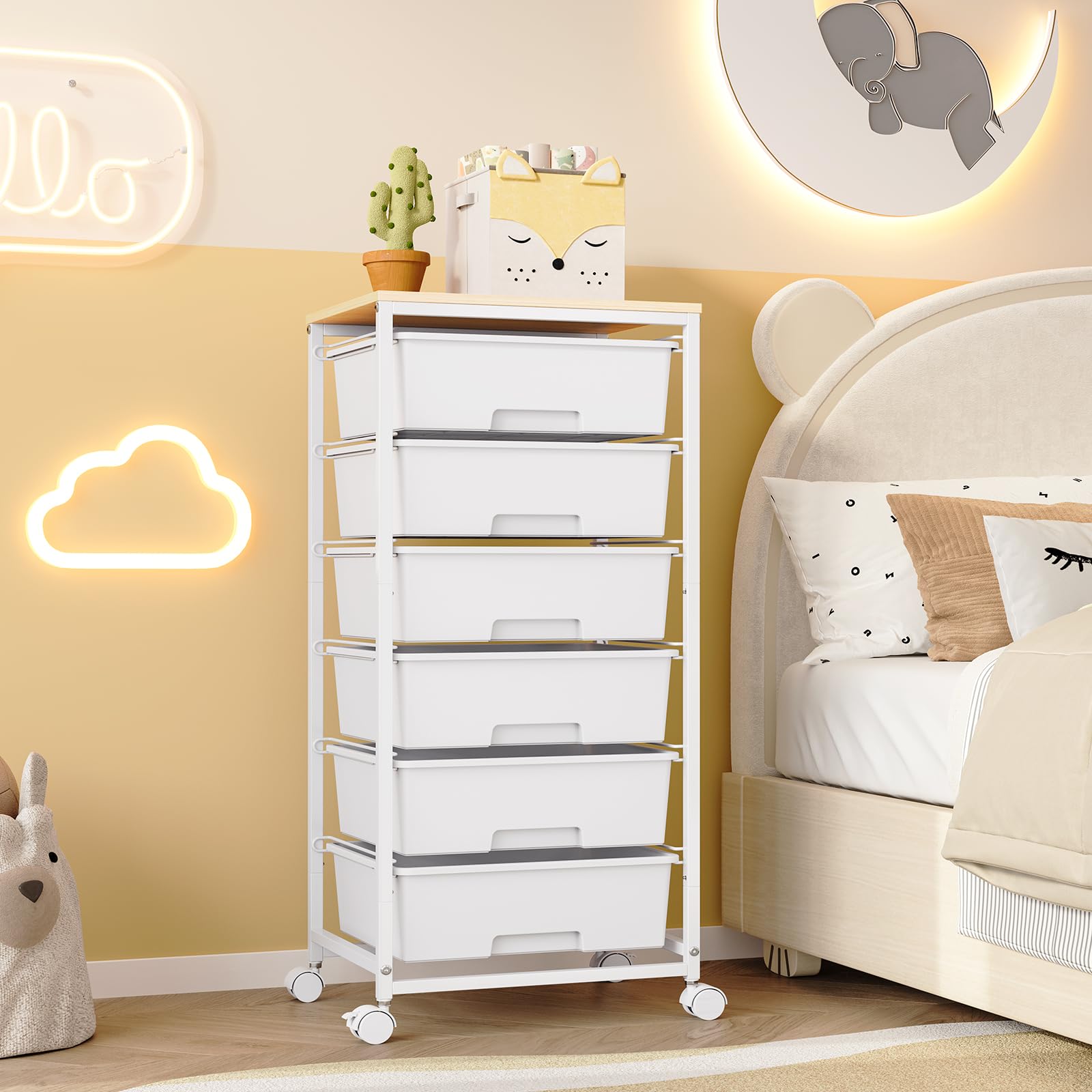 White Rolling Storage Cart with 6 Large Drawers & Wooden Tabletop - Lockable Wheels Utility Cart for Craft Supplies, Office, Bedroom, Classroom & Living Room Organization - Perfect for Home, School & Workspace Storage Solutions