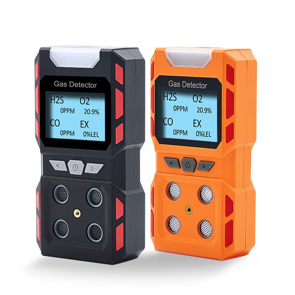 Portable 4 Gas Monitor Detector - Rechargeable Multi-Gas Tester with LCD Screen, Sound/Light/Vibration Alarms (2 Pack Black & Orange) - Ideal for Industrial Safety, Confined Space Entry & Emergency Response