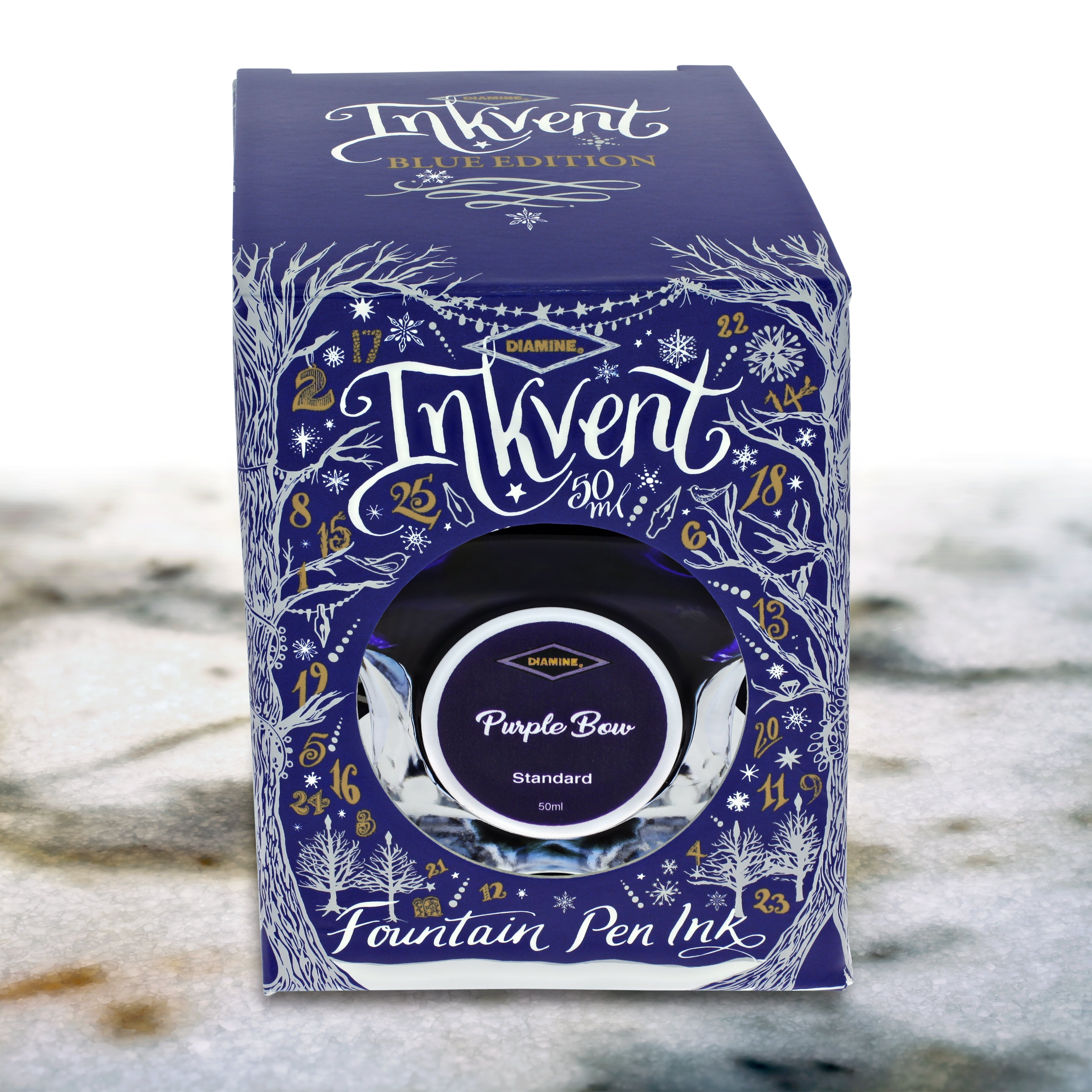 Diamine Inkvent Blue Edition Fountain Pen Ink - 50mL Bottle with Purple Bow - Perfect for Calligraphy, Journaling & Artistic Writing
