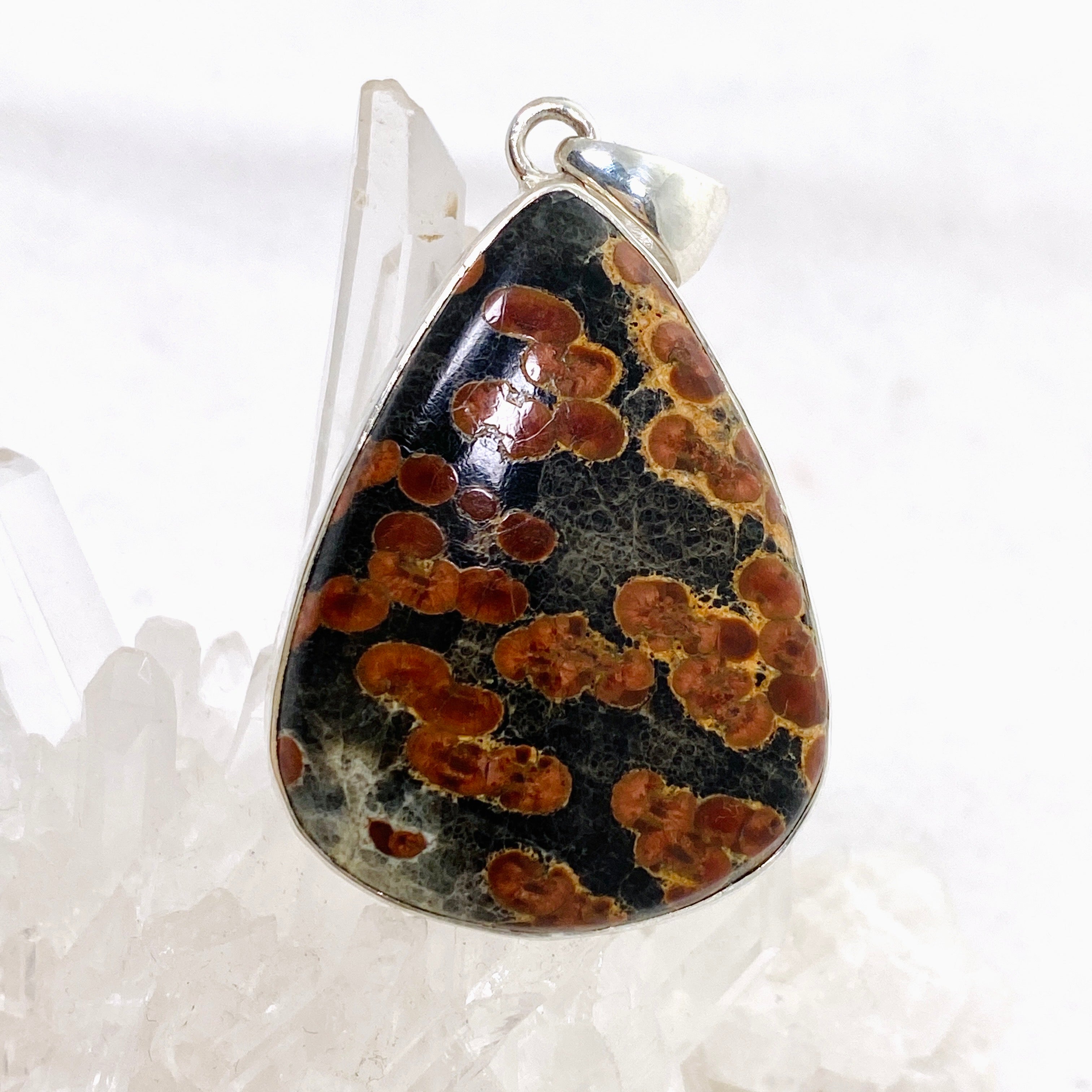 Natural Peanut Obsidian Perlite Teardrop Cabochon Pendant - Handmade Hammered Silver Setting KPGJ4767 - Perfect for Jewelry Making, Gifts & Spiritual Healing