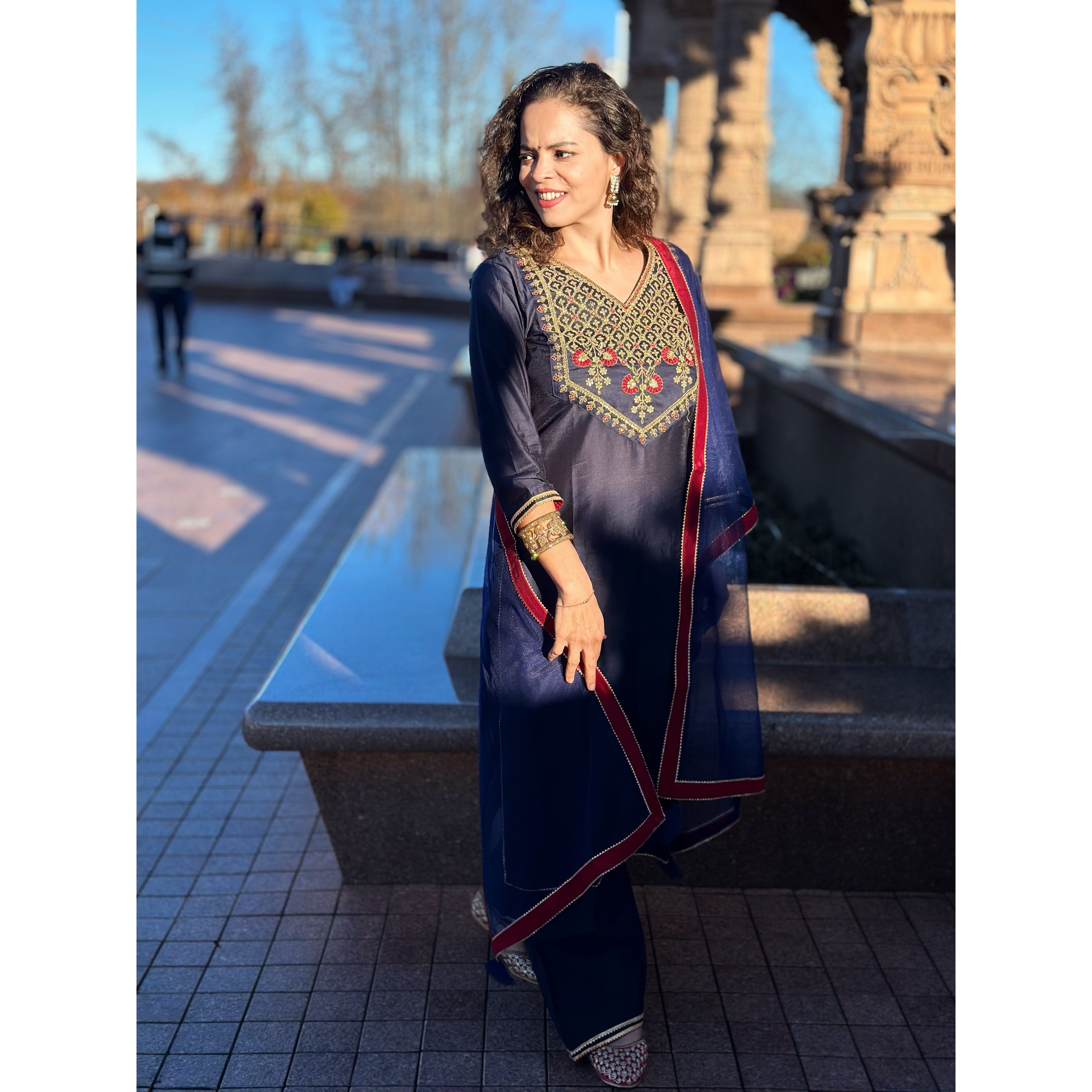 Elegant Navy Blue Embroidered Kurta Set with Yoke, Palazzos & Dupatta - Traditional Indian Outfit for Women - Perfect for Weddings, Festivals & Special Occasions