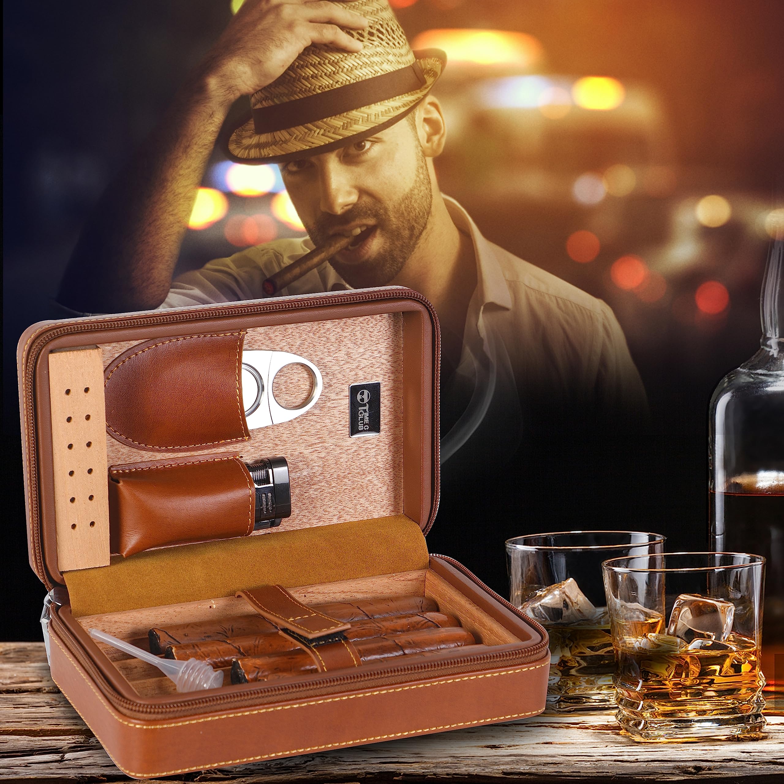 Premium 4-Finger Leather Travel Cigar Case Set with Cutter, Humidor, Lighter & Humidifier - Perfect Groomsmen Gift & Birthday Present for Cigar Lovers (Ideal for Travel, Weddings & Special Occasions)