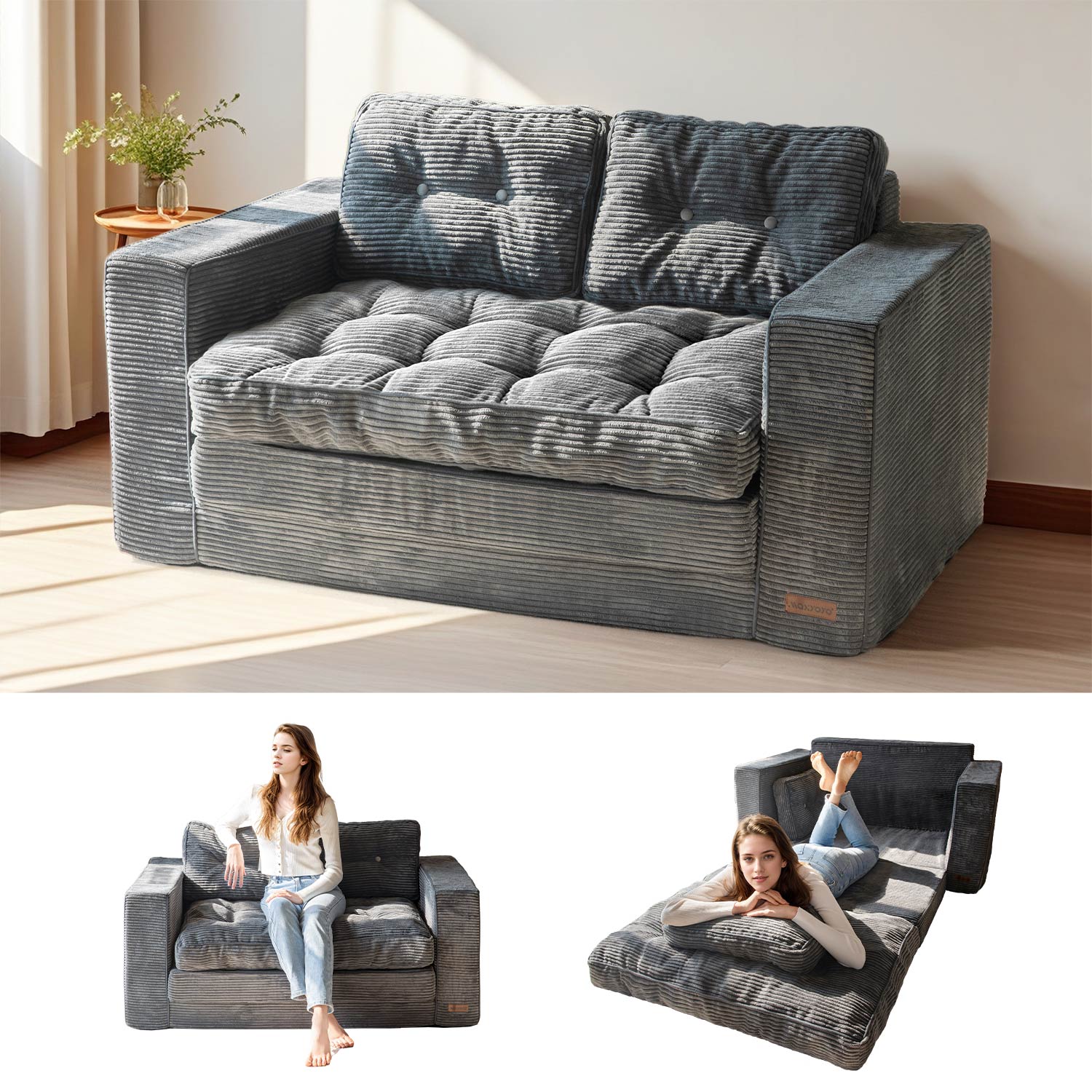 MAXYOYO Convertible Sofa Bed - Corduroy Floor Couch for Small Spaces | Dark Grey Convertible Sleeper Sofa | Perfect for Guest Room, Studio Apartments & Dorm Living
