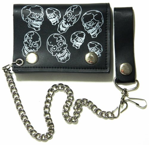 Skulls Design Biker Chain Leather Wallet Tri Fold for Men - Gothic Punk Motorcycle Accessories - Perfect for Bikers, Rockers, and Fashion Enthusiasts
