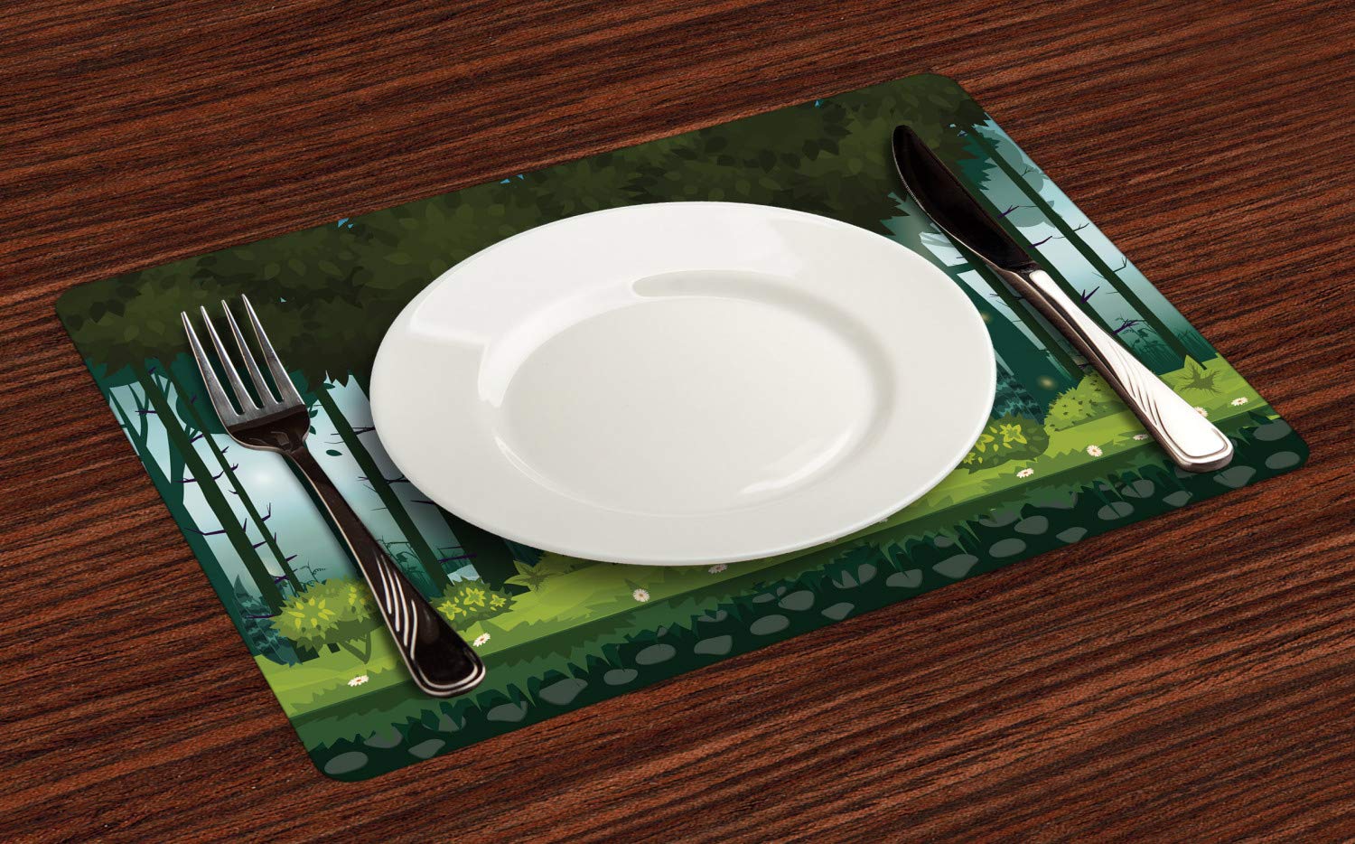 Ambesonne Jungle Placemats Set of 4 - Cartoon Forest Twilight Design, Washable Fabric Dining Table Mats for Kitchen & Dining Room Decor in Evergreen, Pale Cadet Blue & Olive Green | Perfect for Dinner Parties, Family Gatherings & Nature-Themed Home Decor