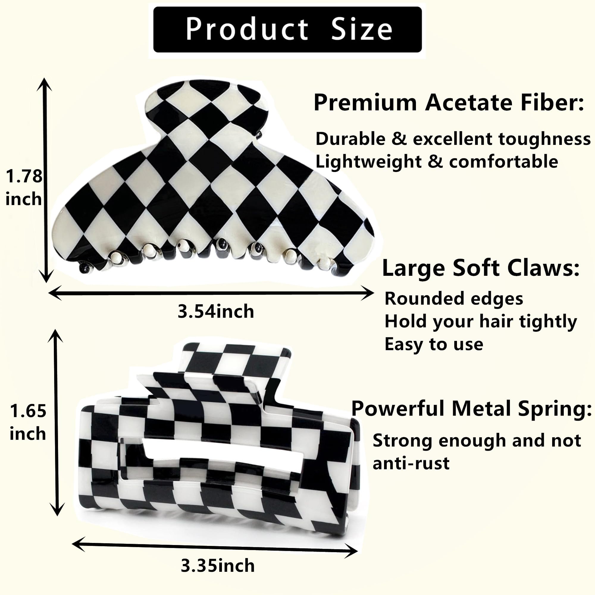 Women's Large Checkered Hair Clips - 2 Pack Black & White Claw Jaw Clips for Women & Girls - Perfect for School, Work, and Everyday Hairstyles