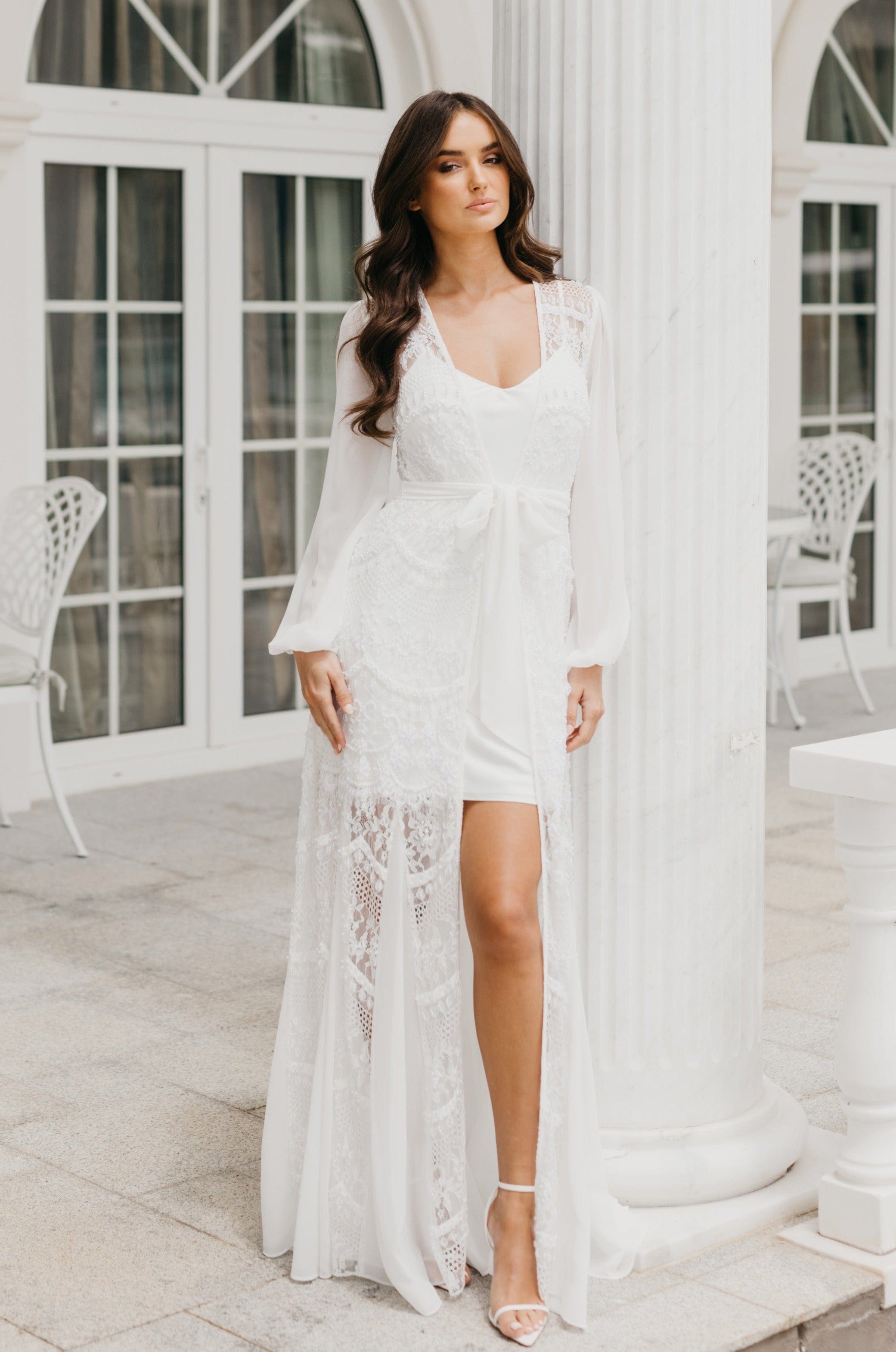 Elegant Hand-Beaded Pearl Maxi Bridal Robe with Slip - Perfect for Wedding, Bridal Shower & Honeymoon Getaway