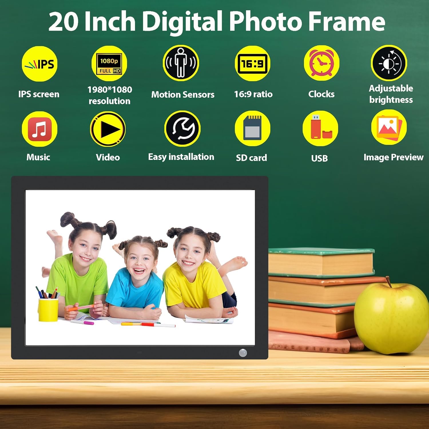 20 Inch Digital Photo Frame with HD IPS Touch Screen - Smart Rotating Display, Calendar, Clock & Alarm Features - Supports USB/SD/MMC Cards - Perfect for Home Decor, Office Display & Gift Giving