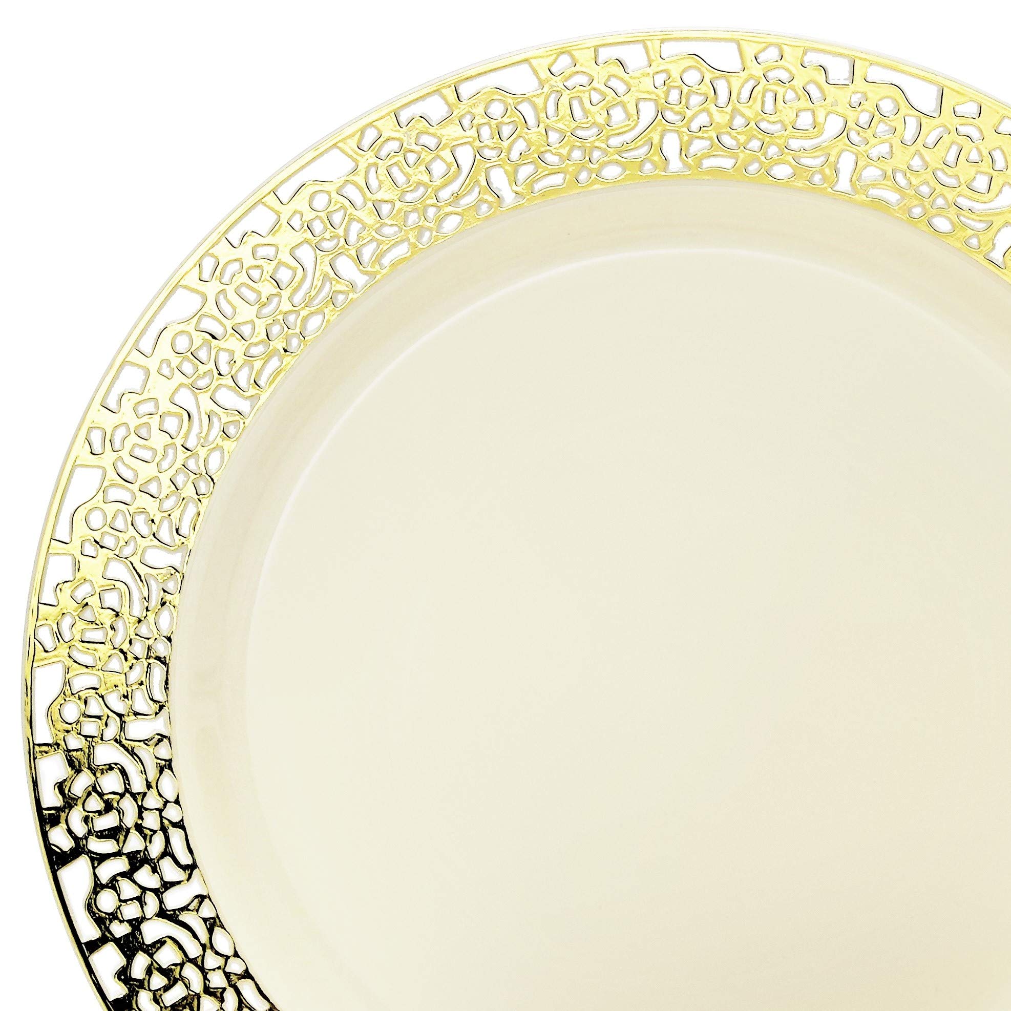 60 Heavyweight Disposable Plastic Plates for Weddings & Parties - 10.25'' Elegant Dinner Plates in Florence Ivory & Gold - Perfect for Wedding Receptions, Birthday Parties, and Special Events