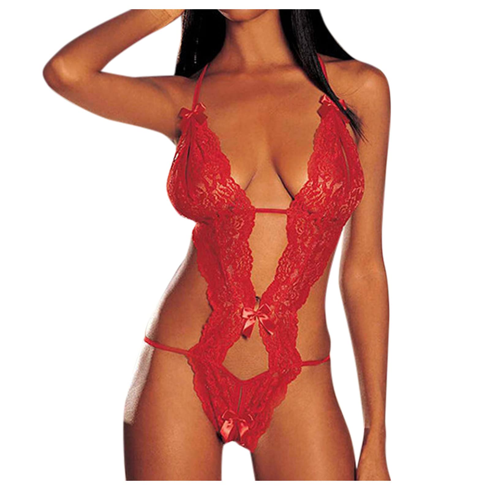 Sexy Lace Bodysuit Pajamas for Women - Open Crotch Lingerie with Bra, Red One Size, Perfect for Valentine's Day & Romantic Nights
