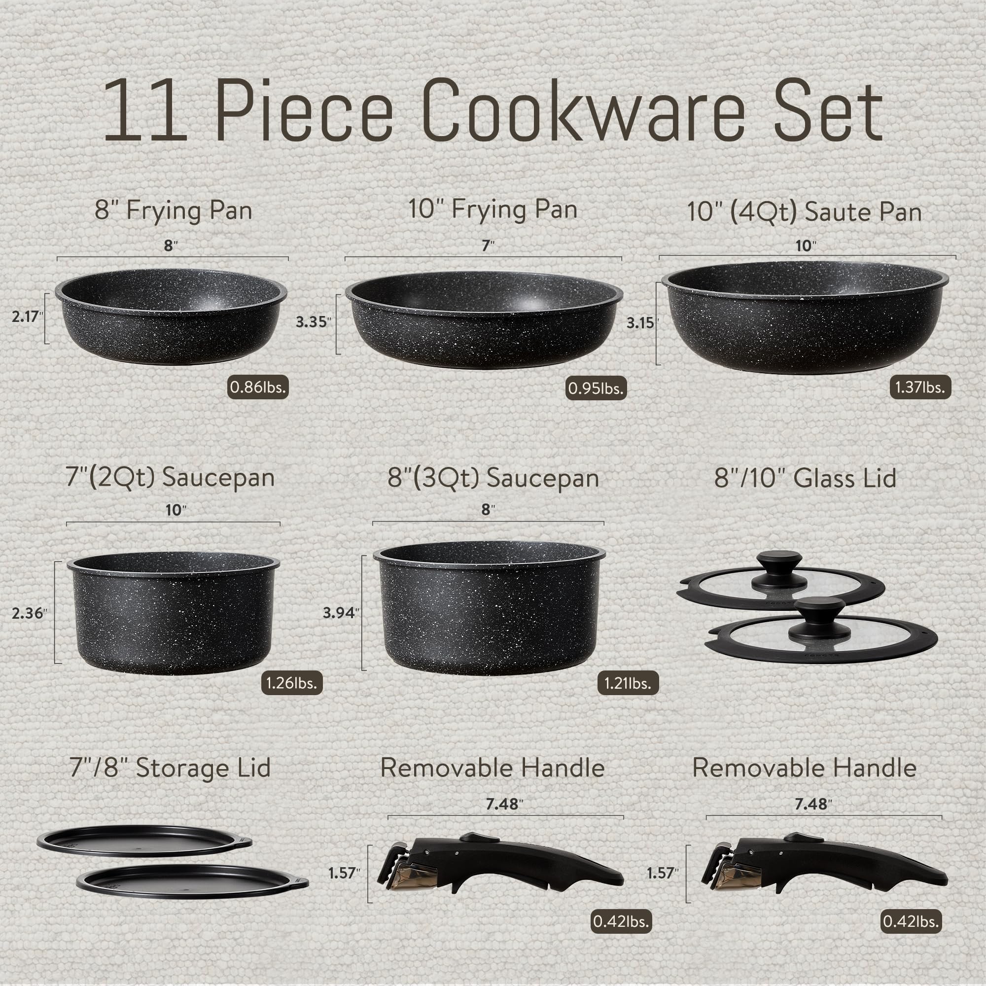 CAROTE 11-Piece Nonstick Cookware Set with Detachable Handle - Induction Compatible, Oven & RV Safe, Black - Perfect for Small Kitchens, Camping & Travel Cooking
