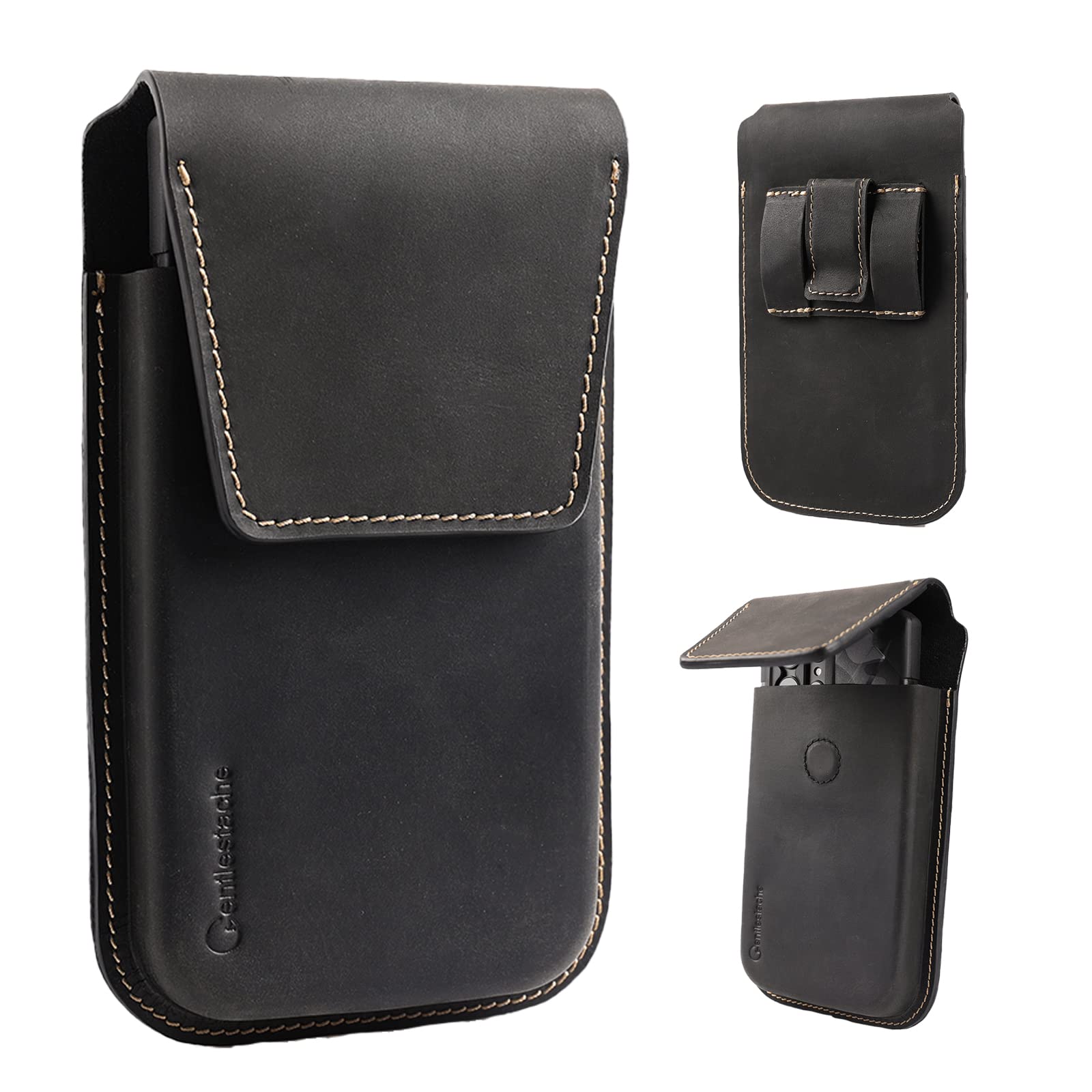 Gentlestache Leather Phone Holster with Belt Clip - Universal Flip Case for iPhone 14/13 Pro Max & Galaxy S22 Plus - Premium Leather Pouch for Large Phones (Black) - Perfect for Work, Travel & Outdoor Activities
