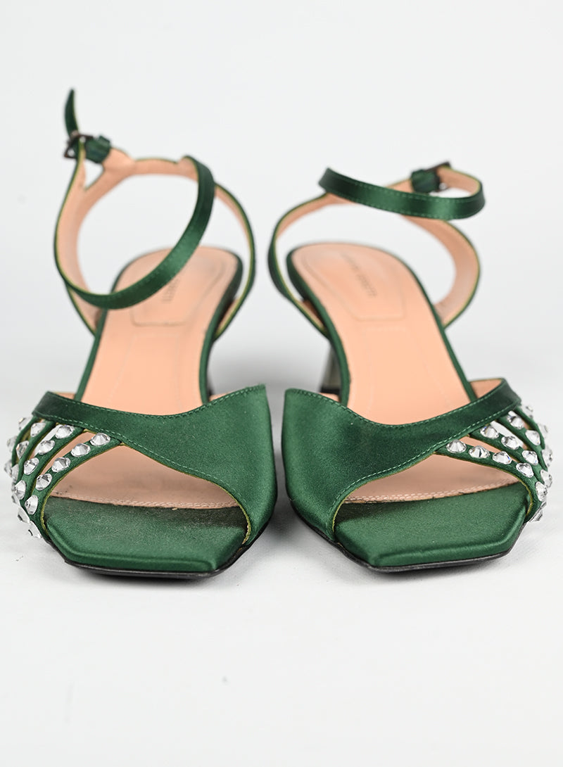 Alberta Ferretti Green Satin Sandals Size 38 | Elegant Women's Dress Sandals for Weddings & Evening Events