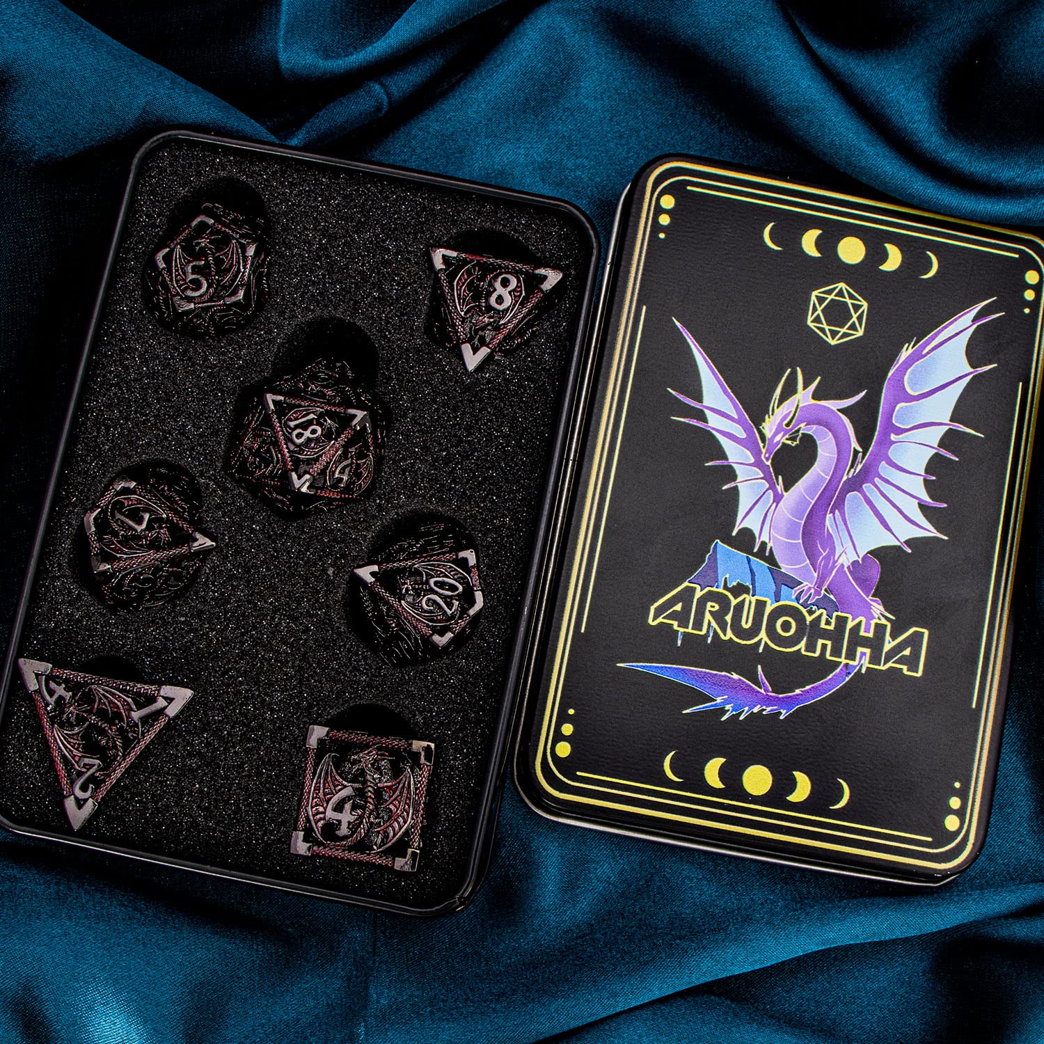 ARUOHHA Hollow Metal Dice Set for Dungeons and Dragons - Black & Red Polyhedral RPG Dice (D20, D12, D10, D8, D6, D4) with Gift Box - Perfect for Tabletop Gaming, D&D Campaigns, and Fantasy Role-Playing Games