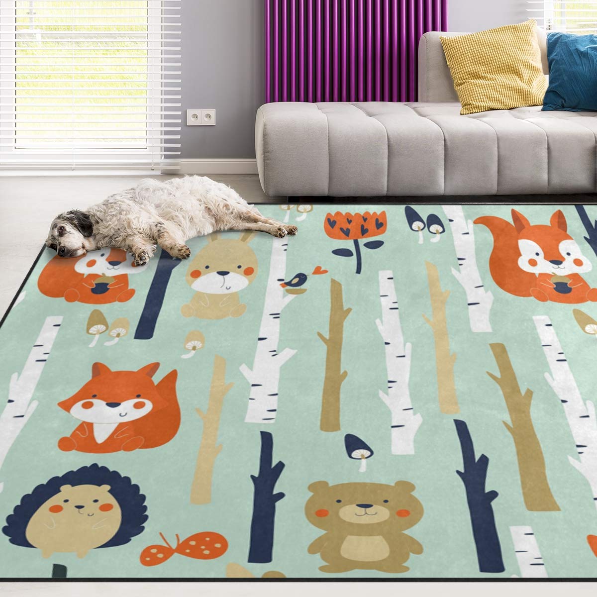 Naanle Fox 4'x5' Cartoon Forest Animal Print Polyester Area Rug - Soft Non-Slip Living Room, Bedroom, Dorm Decor for Kids & Adults | Perfect for Home, Office, Nursery & Playroom