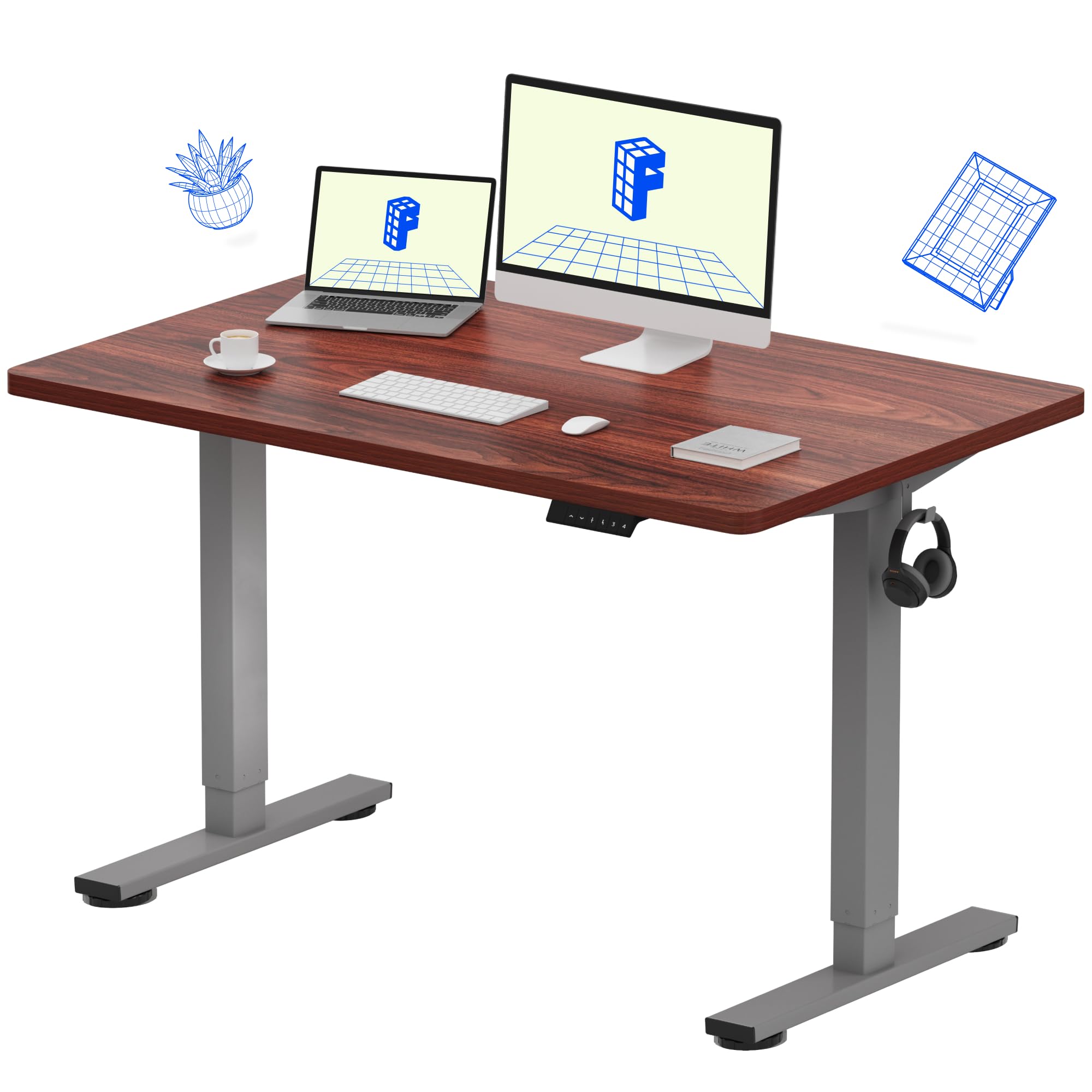 FLEXISPOT EN1 48 x 30 Inches Electric Height Adjustable Standing Desk - Silver Frame with Mahogany Desktop | Ergonomic Home Office Workstation for Remote Work & Gaming Setup