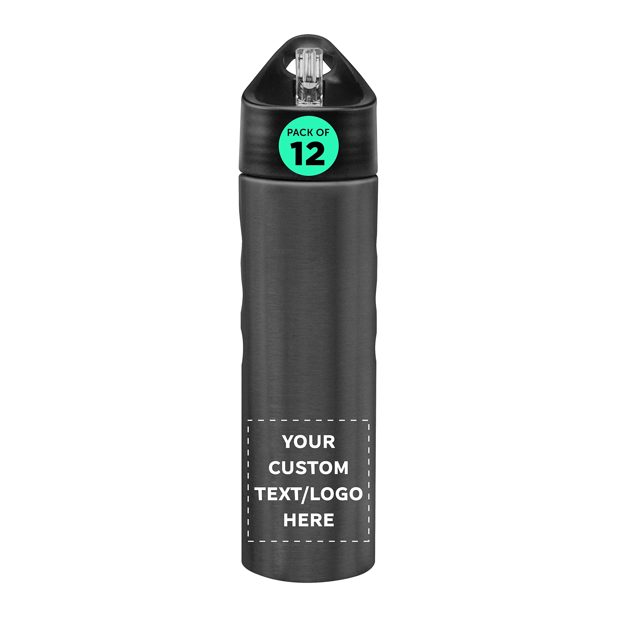 Custom Slim Stainless Steel Water Bottles 25oz - 12 Pack Bulk Wholesale | Personalized Text & Logo | Reusable Gym Sports Bottle | Charcoal Color | Perfect for Workouts, Hiking & Office Hydration