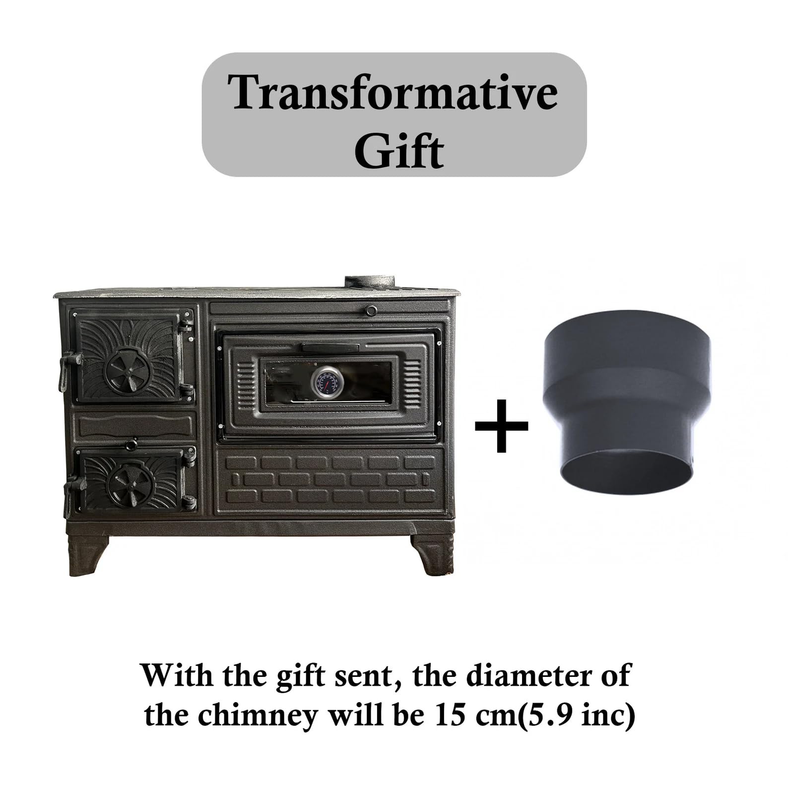 Premium Cast Iron Wood Burning Stove with Oven - Durable Baking Oven & Heating Stove with Built-in Thermometer, Brick Lined Fireplace for Home, Cabin & Outdoor Cooking - Matte Black Finish (Made in Turkey)