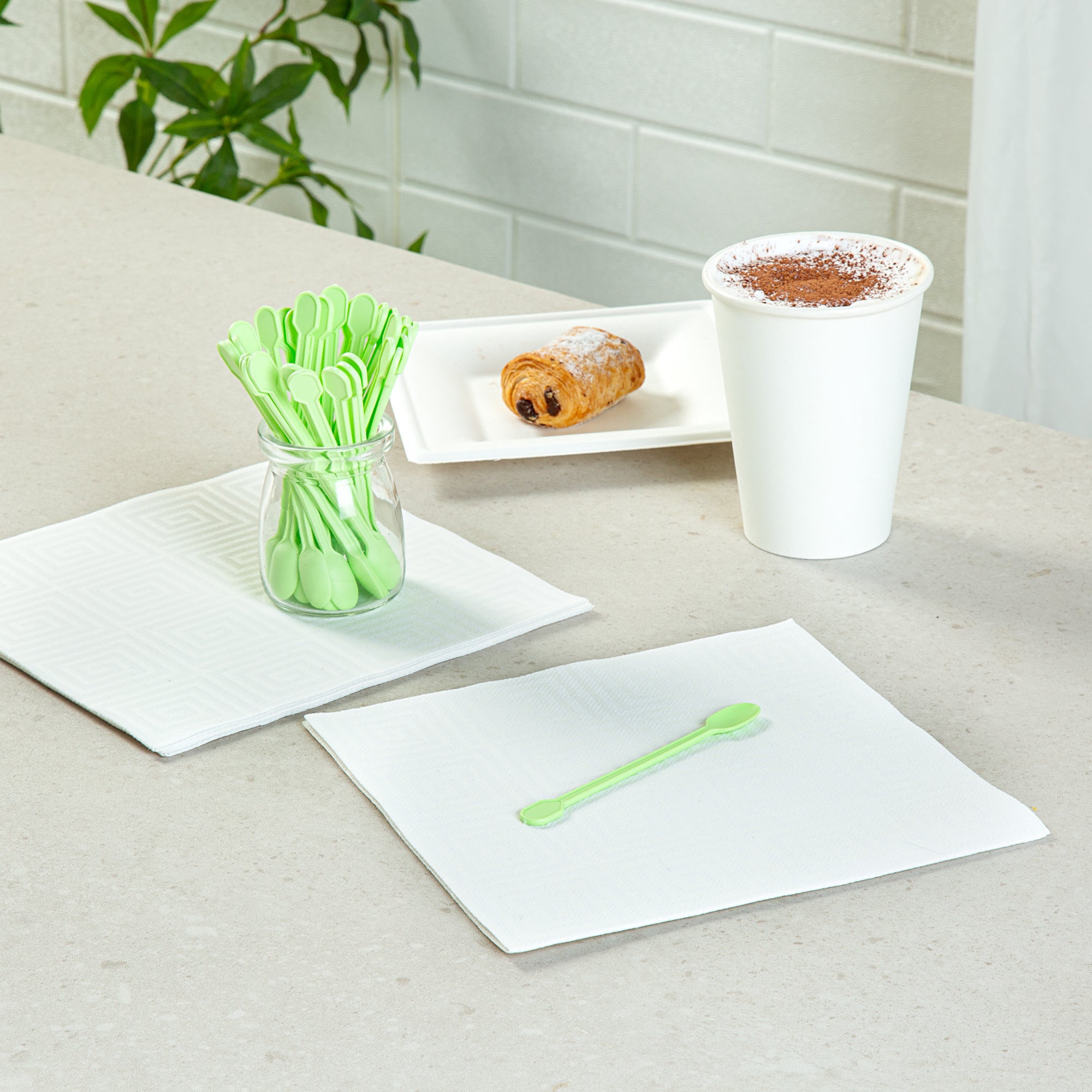 Eco-Friendly Compostable CPLA Plastic Coffee Stirrers & Spoons - 100 Count Box | Biodegradable Stir Sticks for Hot/Cold Beverages, Perfect for Coffee Shops, Offices, and Home Use