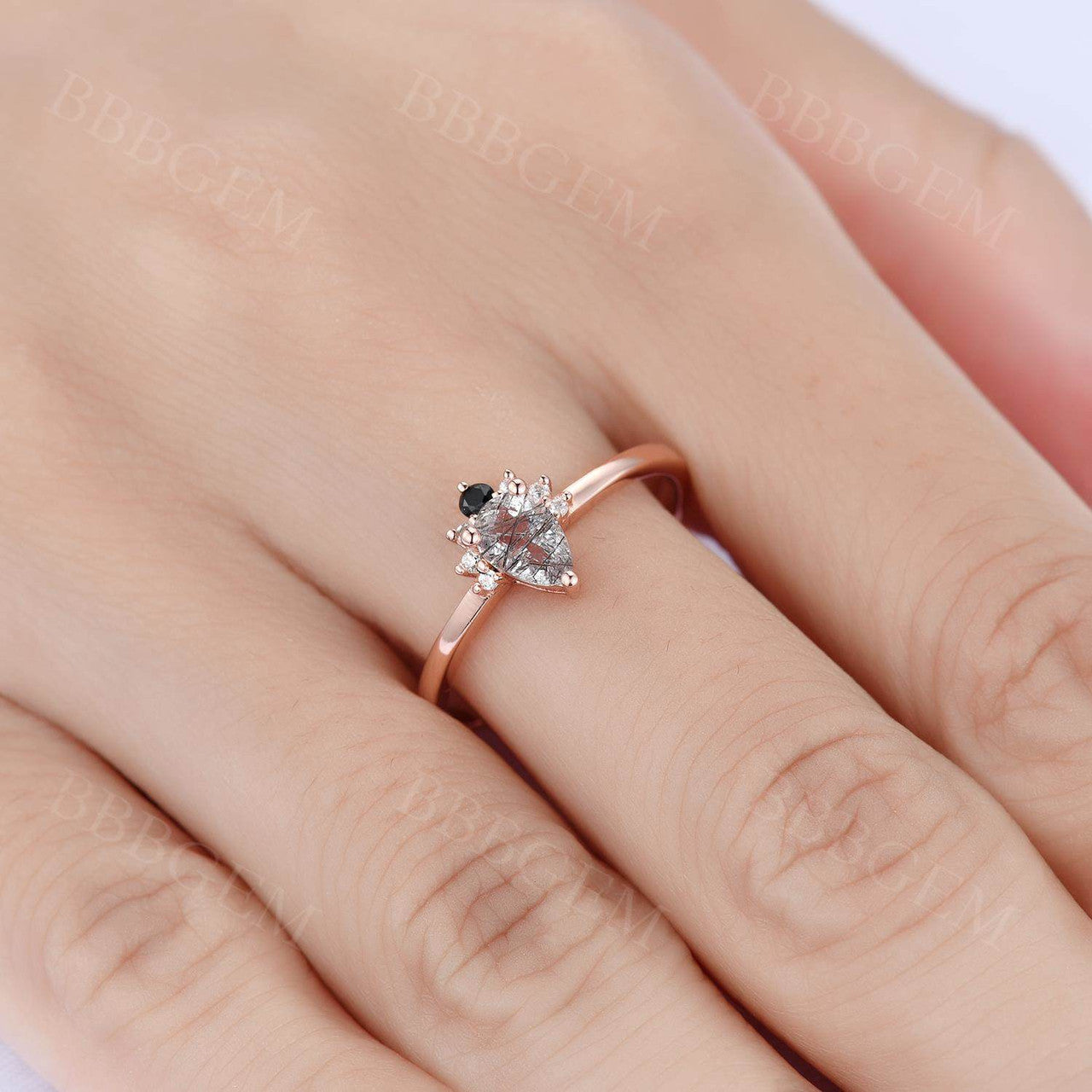 14K/18K Gold Black Rutilated Quartz Diamond Engagement Ring for Women - Elegant Wedding Band, Promise Ring, Anniversary Gift for Her
