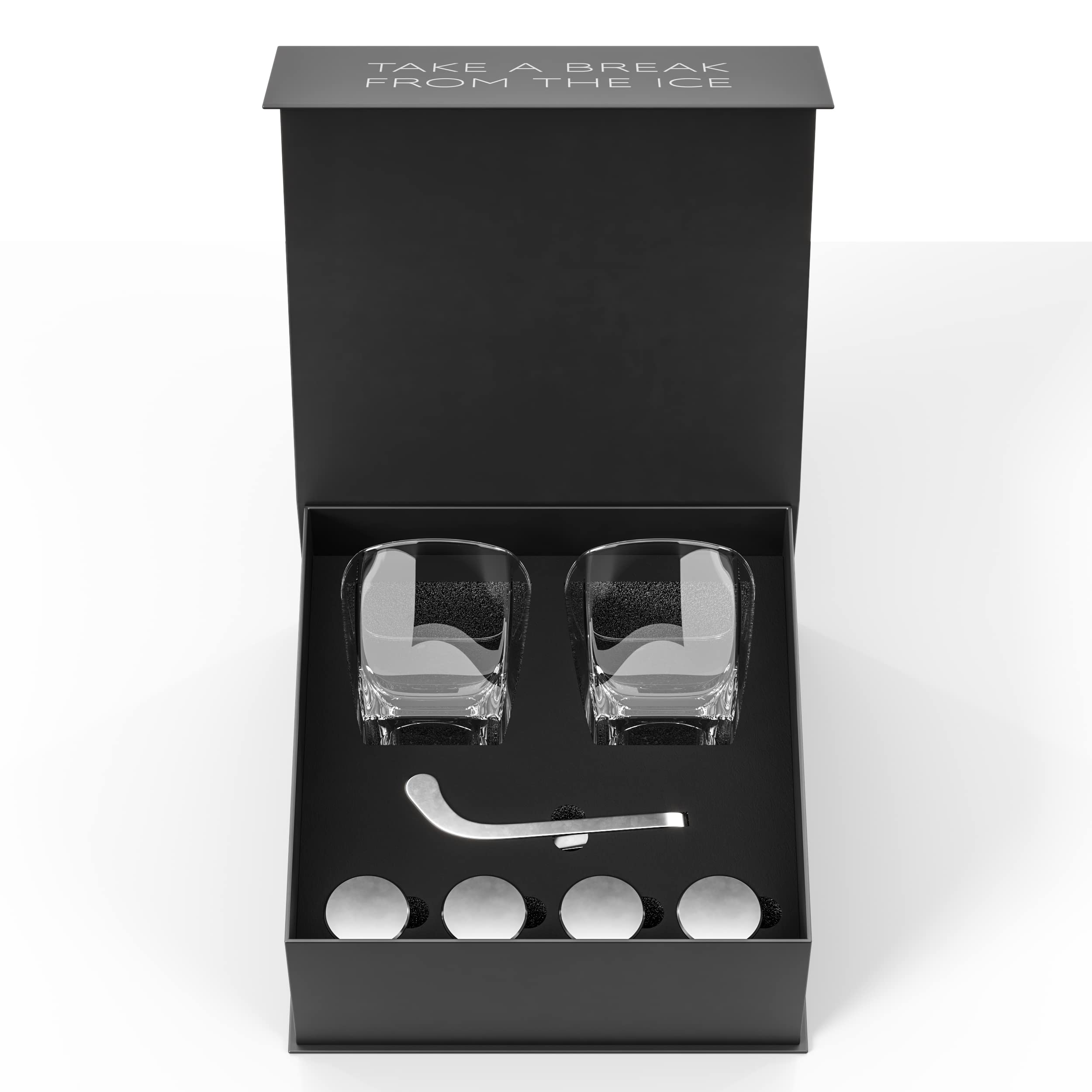 Premium 7-Piece Whiskey Stone Set with Cooling Gel - 4 Hockey Puck Whiskey Stones & Hockey Stick Tongs - Elegant Gift Set for Whiskey Lovers - Perfect for Father's Day, Birthday & Home Bar Use