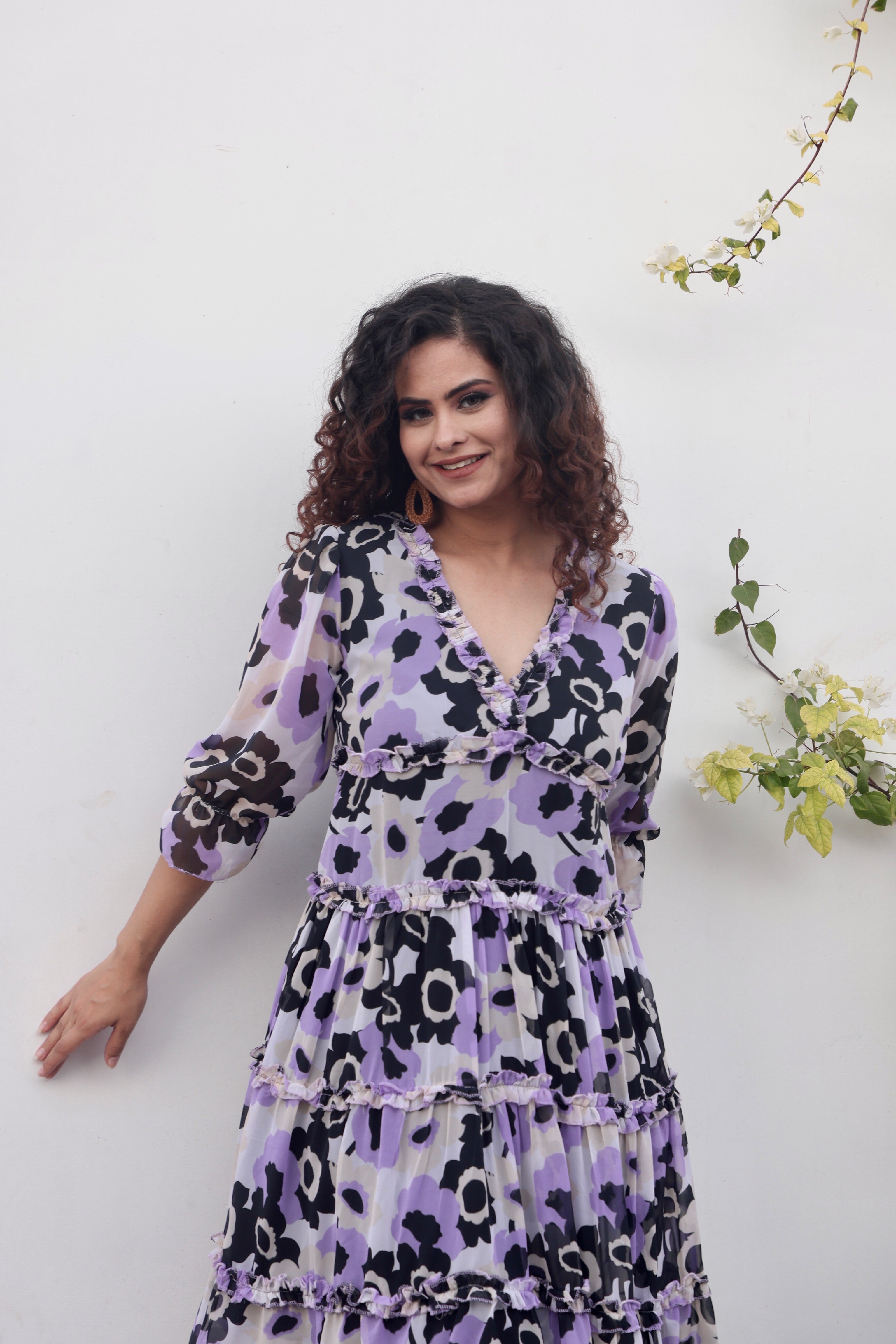Lavender Floral Print Maxi Dress for Women - Summer Boho Beach Dress with Long Sleeves - Perfect for Vacation, Wedding Guest & Outdoor Parties