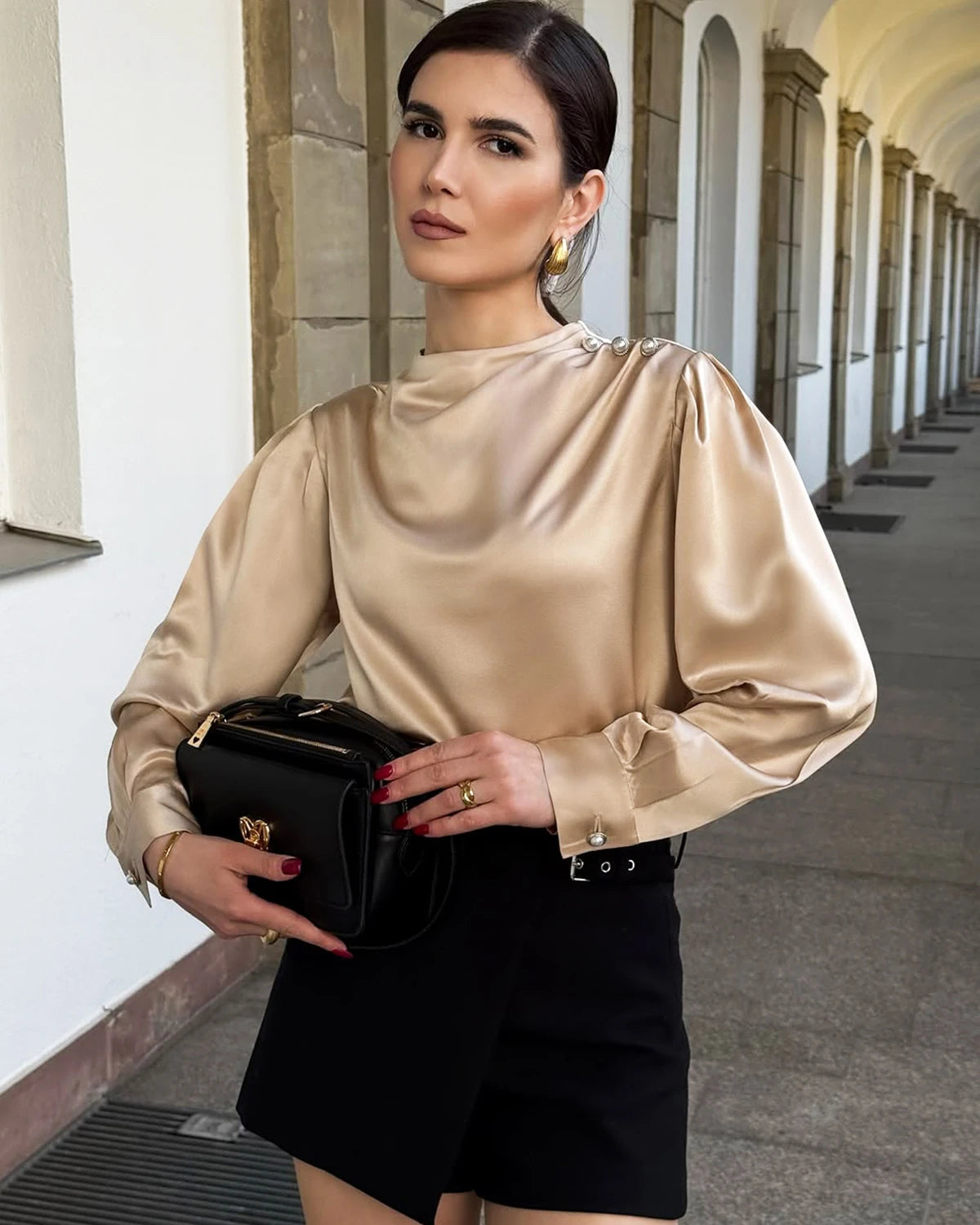 Elegant Mock Neck Silk Blouse with Pearl Buttons - Women's Luxury Blouse for Work, Party & Formal Occasions