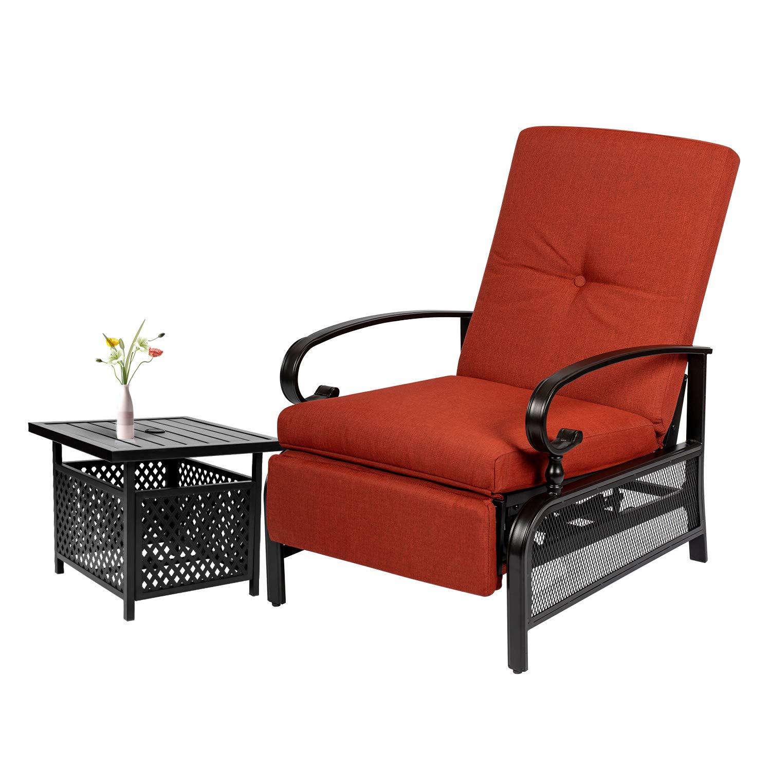 Crownland 2-Piece Outdoor Lounge Chair Set with Adjustable Reclining Patio Chairs & Umbrella Bistro Table - Durable Metal Furniture with Water-Resistant Cushions (Red) - Perfect for Poolside, Garden, Patio & Backyard Relaxation