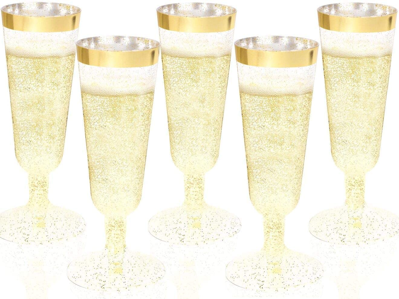 36-Pack Gold Plastic Champagne Flutes & 30-Pack Mint Green Plastic Plates - Elegant Disposable Party Cups & Plates for Weddings, Birthdays, Celebrations