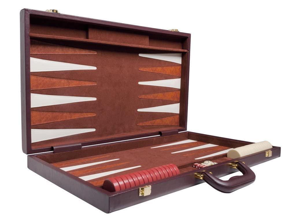 Premium 21-inch Wooden Backgammon Set with Brown Leather Board & White/Light Brown Points - Classic Strategy Game for Family Game Nights, Travel & Casino-Themed Parties
