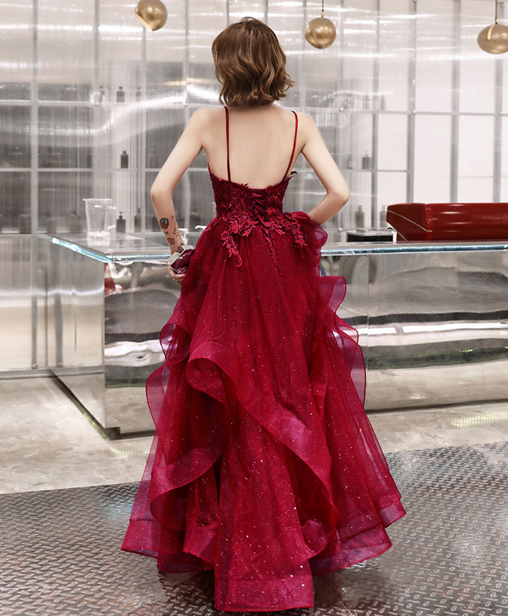 Elegant Burgundy V-Neck Tulle Lace Long Prom Dress | Formal Evening Gown for Homecoming, Wedding, and Special Occasions