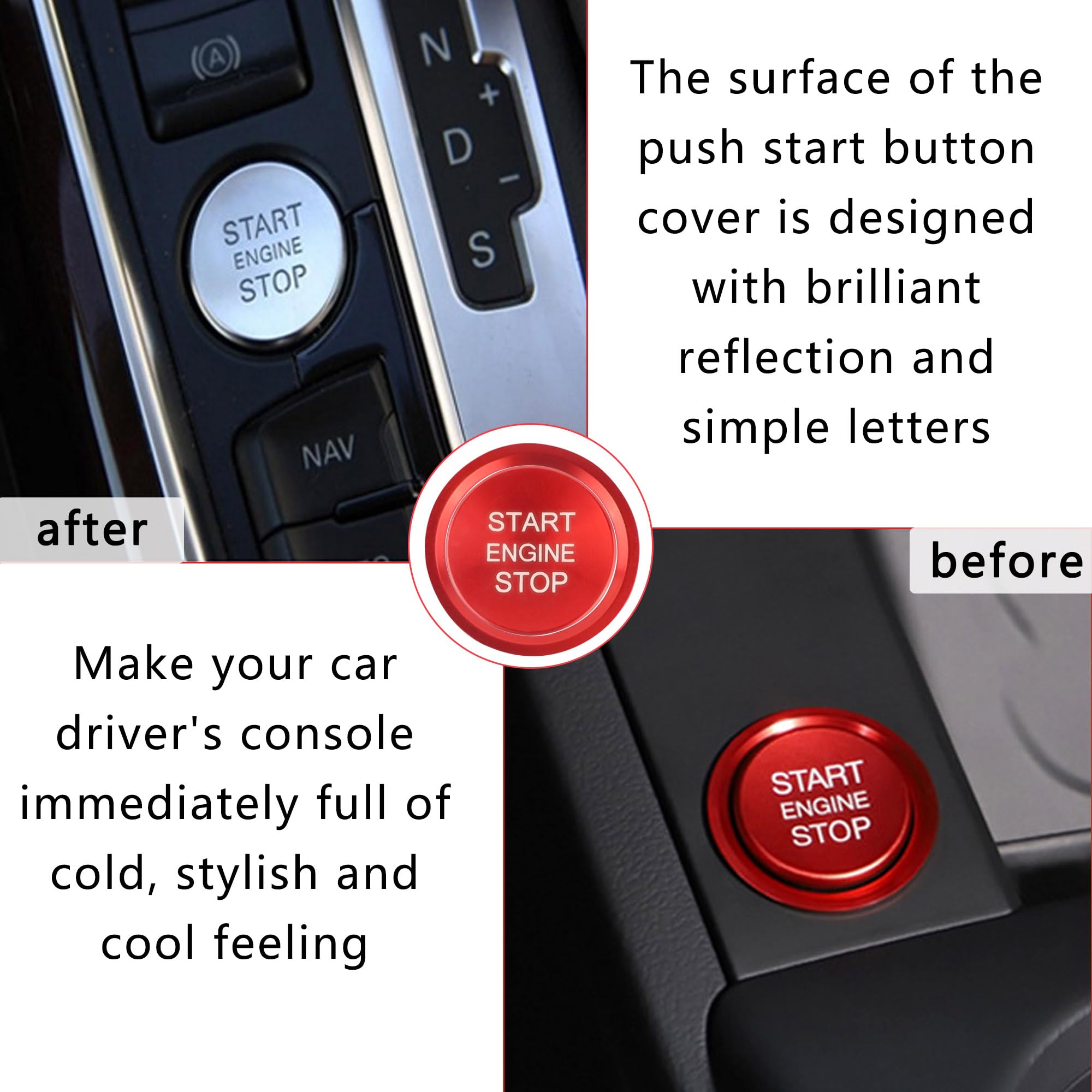 Premium Aokdom Aluminum Car Push Start Button Cover for Audi - Red Engine Start Stop Button with Metal Ring, Stylish Car Interior Accessories for Enhanced Vehicle Decor and Ignition Upgrade