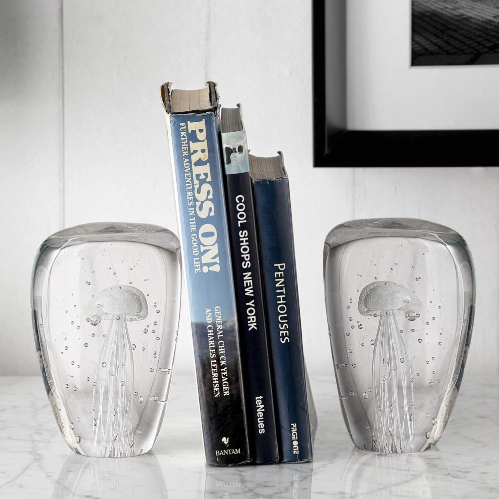 Glow in The Dark Art Glass Jellyfish Wedge Bookends - Unique Home Decor for Shelves, Desks & Nightstands - Perfect Gift for Ocean Lovers & Bookworms