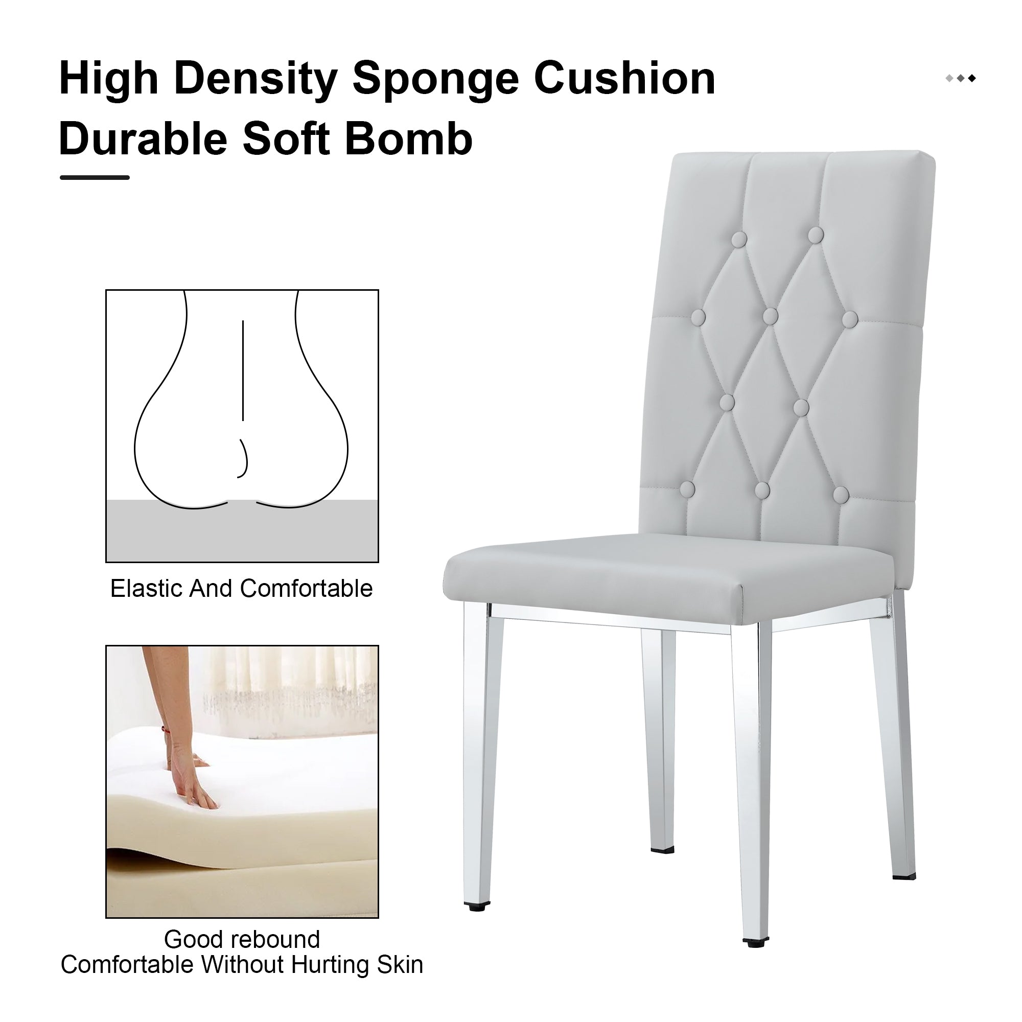 Modern 2-Piece Dining Chairs Set - Light Gray Faux Leather with Checkered Buckle Design for Kitchen, Dining Room & Office - Classic & Contemporary Style Home Furniture for Small Spaces