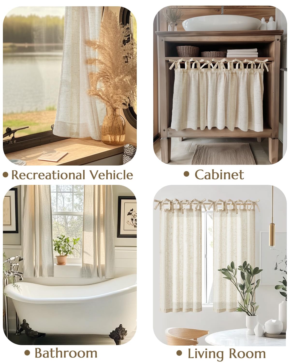 Jinchan 24 Inch Linen Tie Top Kitchen Curtains - Farmhouse Rustic Tier Cafe Curtains for Sink, Bedroom, Living Room & Bathroom | Light Filtering Privacy Window Treatment (2 Panels) - Perfect for Half Windows & Small Spaces