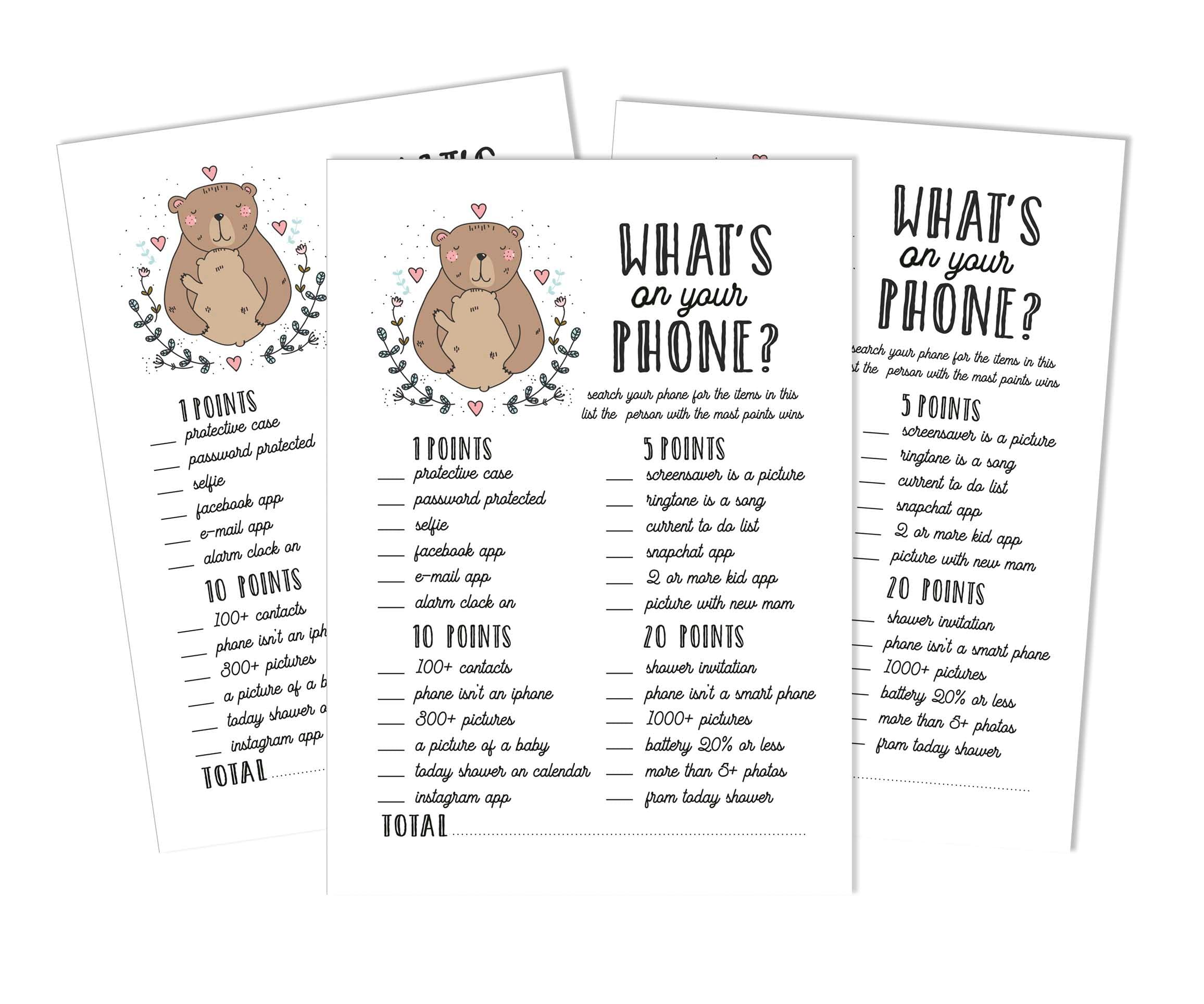 50 Sheets What's in Your Phone Baby Shower Game Cards - Gender Neutral Baby Shower Activity for Coed Parties - Fun Bear Animal Theme Baby Shower Supplies - Perfect for Virtual or In-Person Celebrations