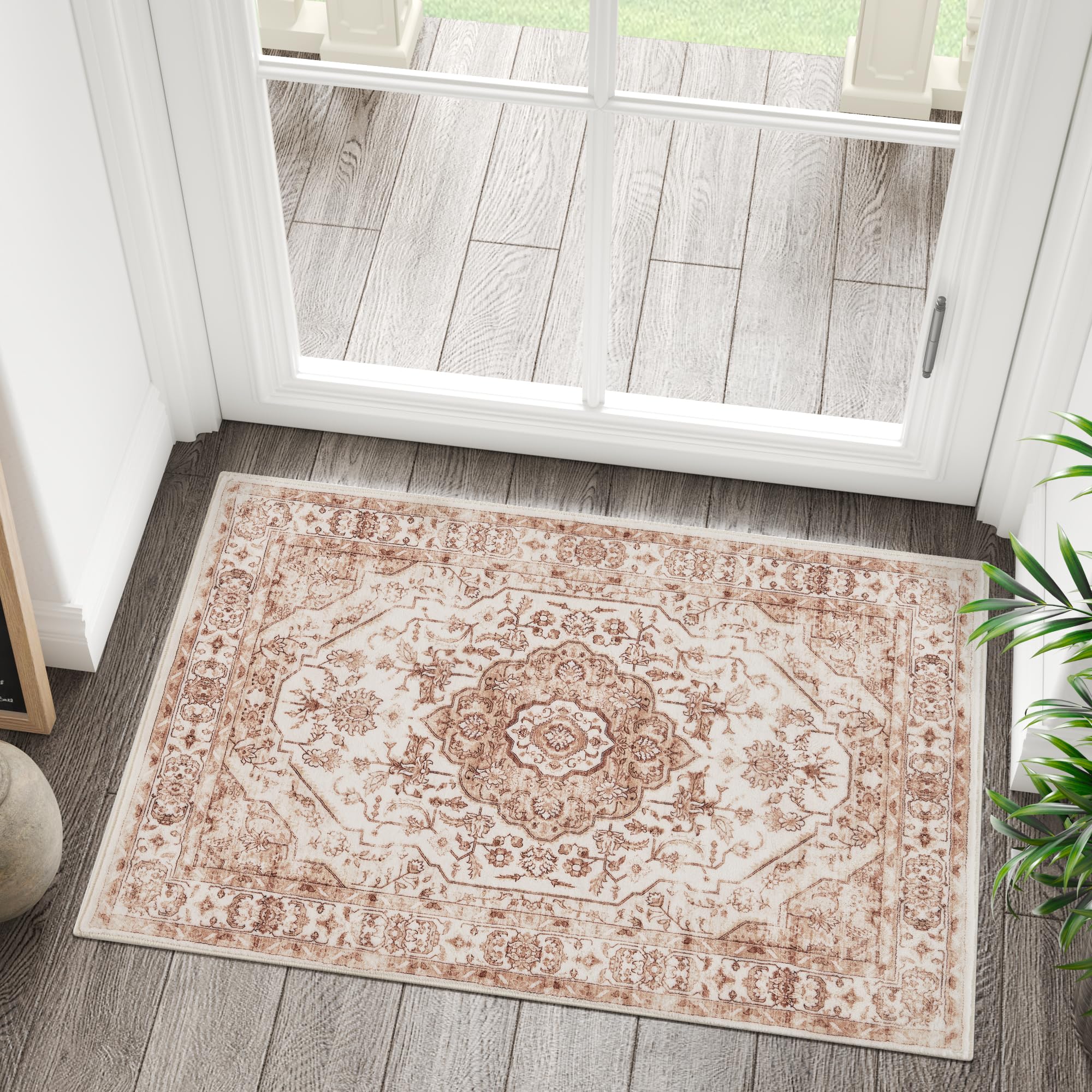 Jinchan 2x3 Washable Non-Slip Entryway Rug - Vintage Floral Medallion Design Indoor Doormat for Kitchen, Bedroom, Bathroom | Perfect for Home Decor, Farmhouse Style & High Traffic Areas