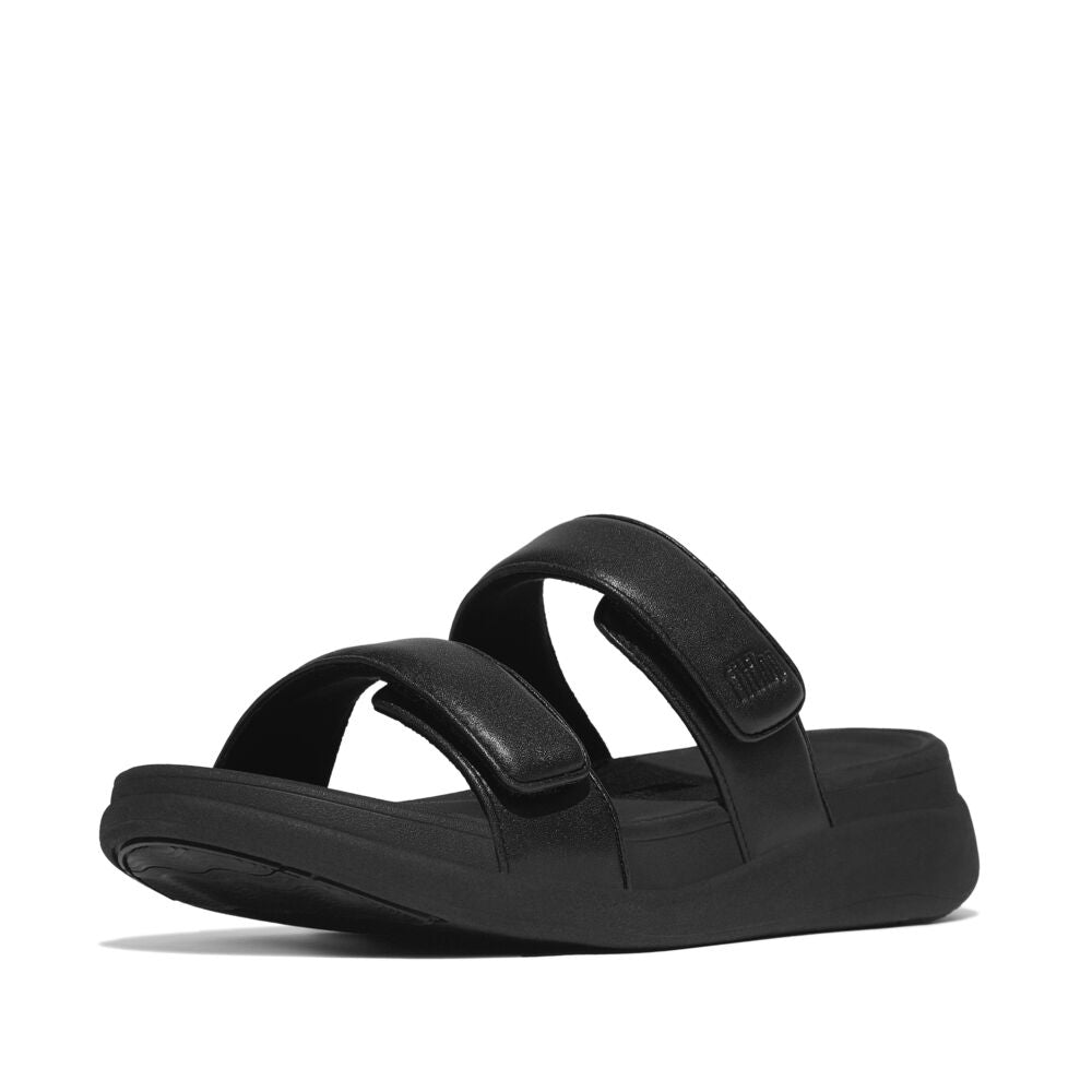 FitFlop F Mode Go Adjustable Flatform Two Bar Slide Sandals for Women - All Black | Comfortable Summer Shoes for Walking, Beach & Casual Outings