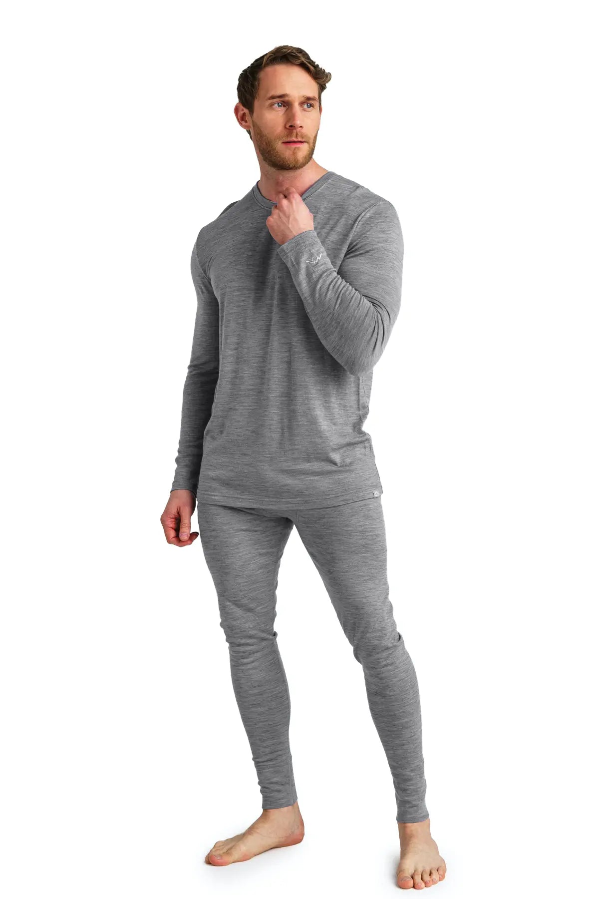Men's Merino Wool Thermal Underwear Set - 165 GSM Heathered Grey - Base Layer for Winter Hiking, Skiing & Cold Weather Activities