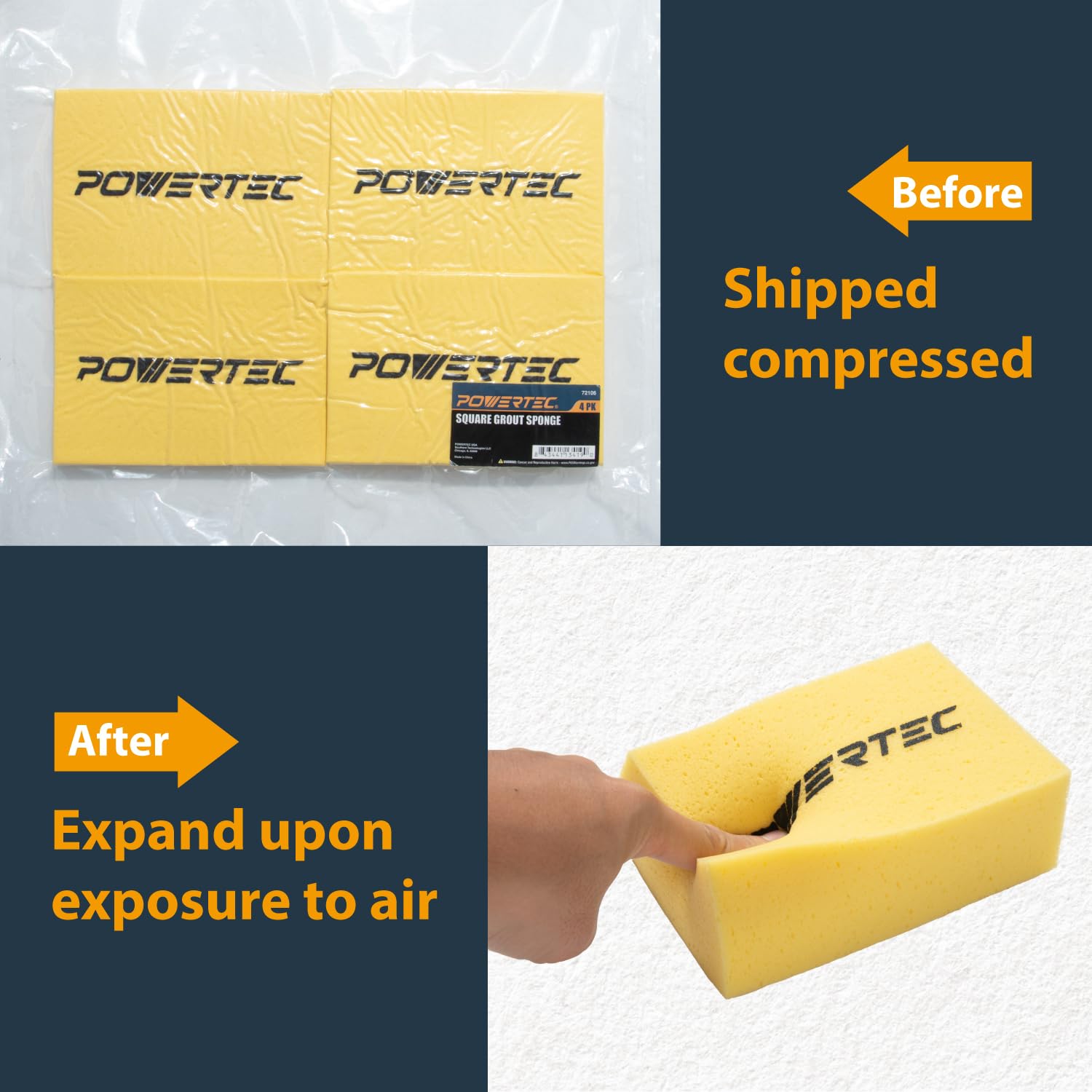 POWERTEC Large Square Grout Sponge 4-Pack - Professional Tile Grout Removal & Cleaning Sponge for Floors, Kitchen, Bathroom - Heavy Duty Absorbent Multi-Purpose Cleaning Tool (72106) - Perfect for DIY Home Renovation, Tile Installation and Deep Cleaning Projects