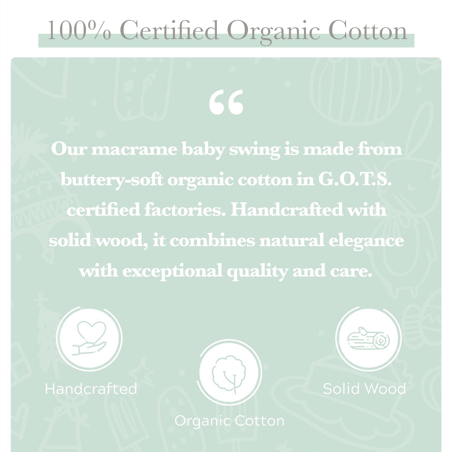 Finn + Emma Handmade Organic Cotton Macrame Baby Swing - Safe & Stylish Nursery Hanging Seat with Solid Wood Bar - Perfect for Newborns, Infants & Nursery Decor - Ideal for Playrooms, Bedrooms & Indoor Relaxation