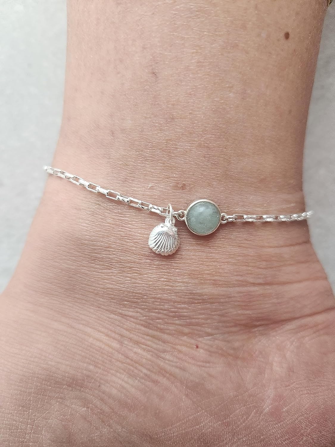 Handmade Sterling Silver Aquamarine Gemstone & Shell Pendant Anklet Bracelet for Women | Elegant Summer Beach Jewelry Gift for Her | Perfect for Vacations, Weddings & Boho Fashion