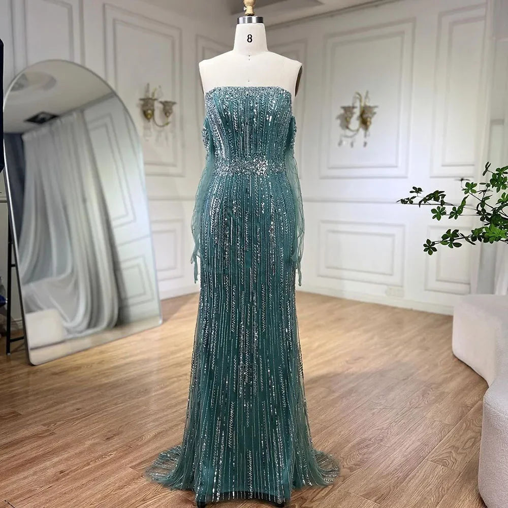 Elegant Light Blue Pearls Luxury Dubai Evening Dress - Strapless Gown LA71950 for Prom, Wedding, and Formal Events