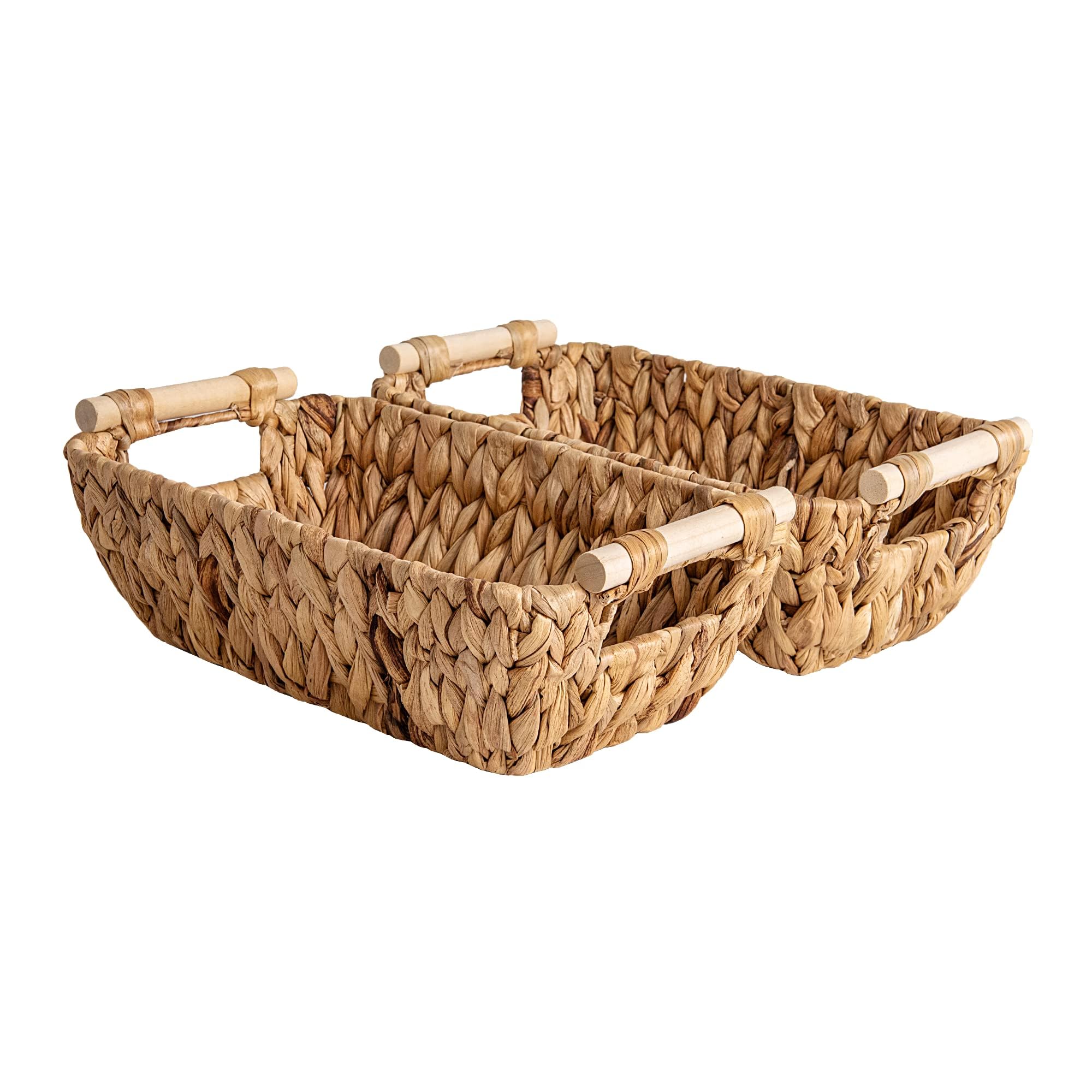 StorageWorks Hand-Woven Small Wicker Baskets - Natural Water Hyacinth Storage Baskets with Wooden Handles, 2-Pack Set for Home Organization, Bathroom & Nursery Decor | Perfect for Shelves, Countertops and Gift Giving