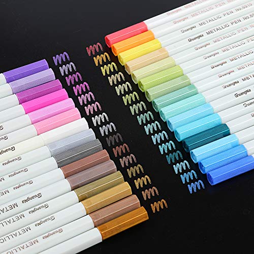30 Colors Metallic Marker Pens Set with Fine Tip for Drawing, Painting, Scrapbooking - Includes Blank Greeting Cards & Christmas Stencils - Perfect for DIY Photo Albums, Rock Painting, Gift Wrapping & Holiday Crafts