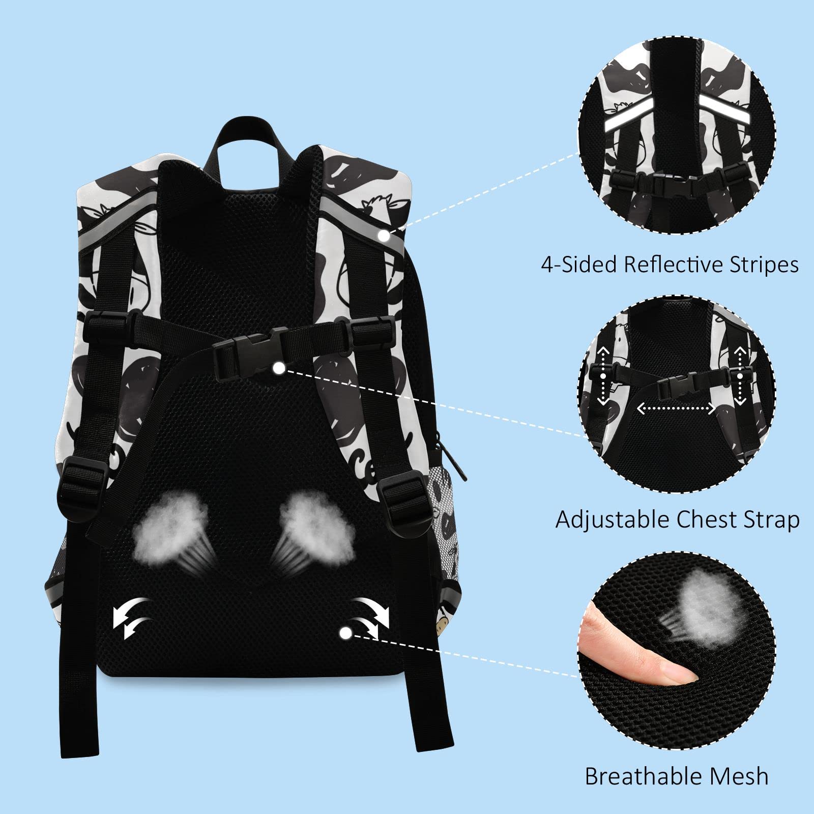 QUGRL Black & White Cow Print Kids Toddler Backpack with Adjustable Leash Harness - Cute Milk Themed Kindergarten School Bag for Preschool Boys & Girls Ages 3-8 - Perfect for Daycare, Travel & Outdoor Adventures