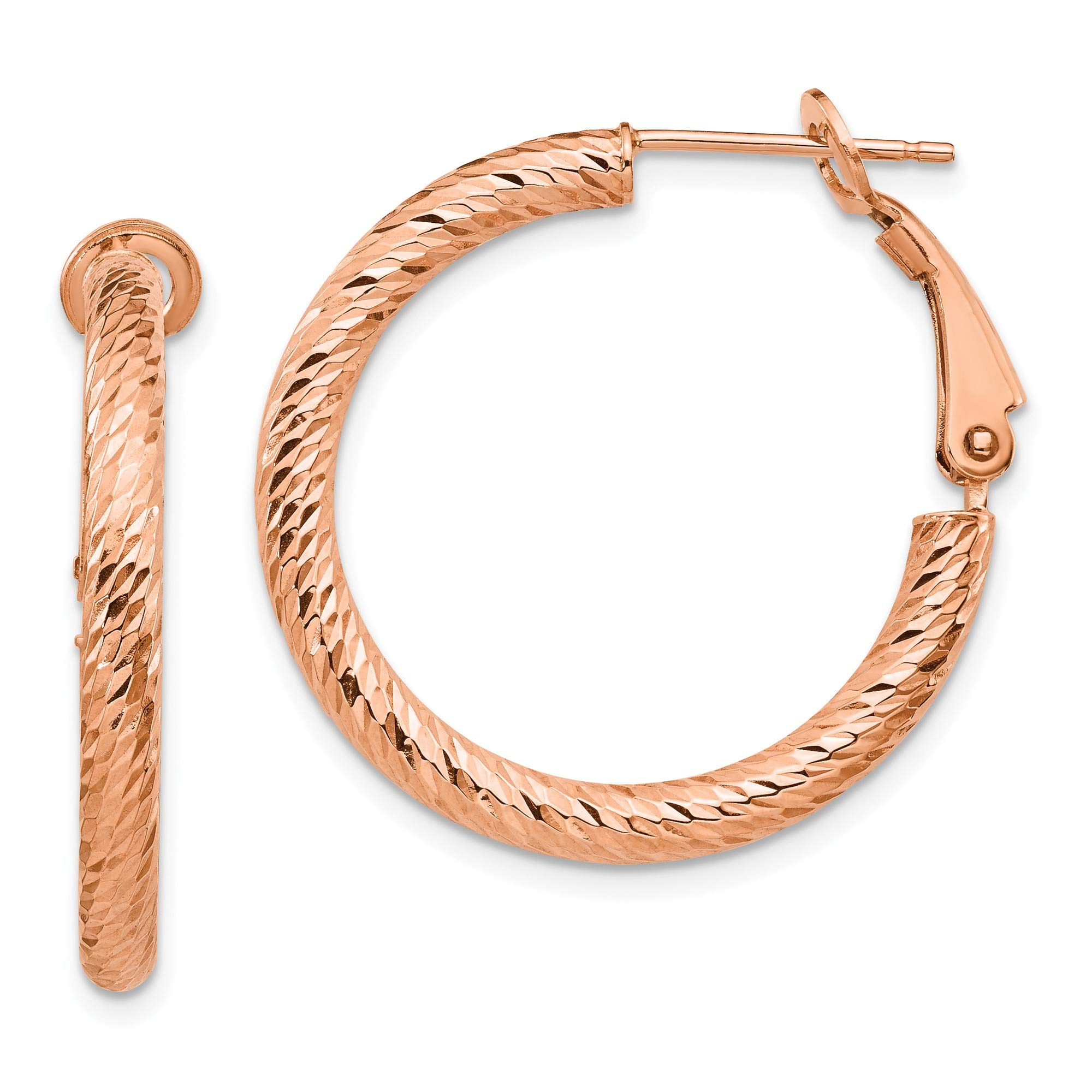10K Rose Gold Round Omega Back Hoop Earrings - 3x20mm D/C Diamond Cut - Elegant Everyday Jewelry for Women, Perfect for Work, Date Night & Special Occasions