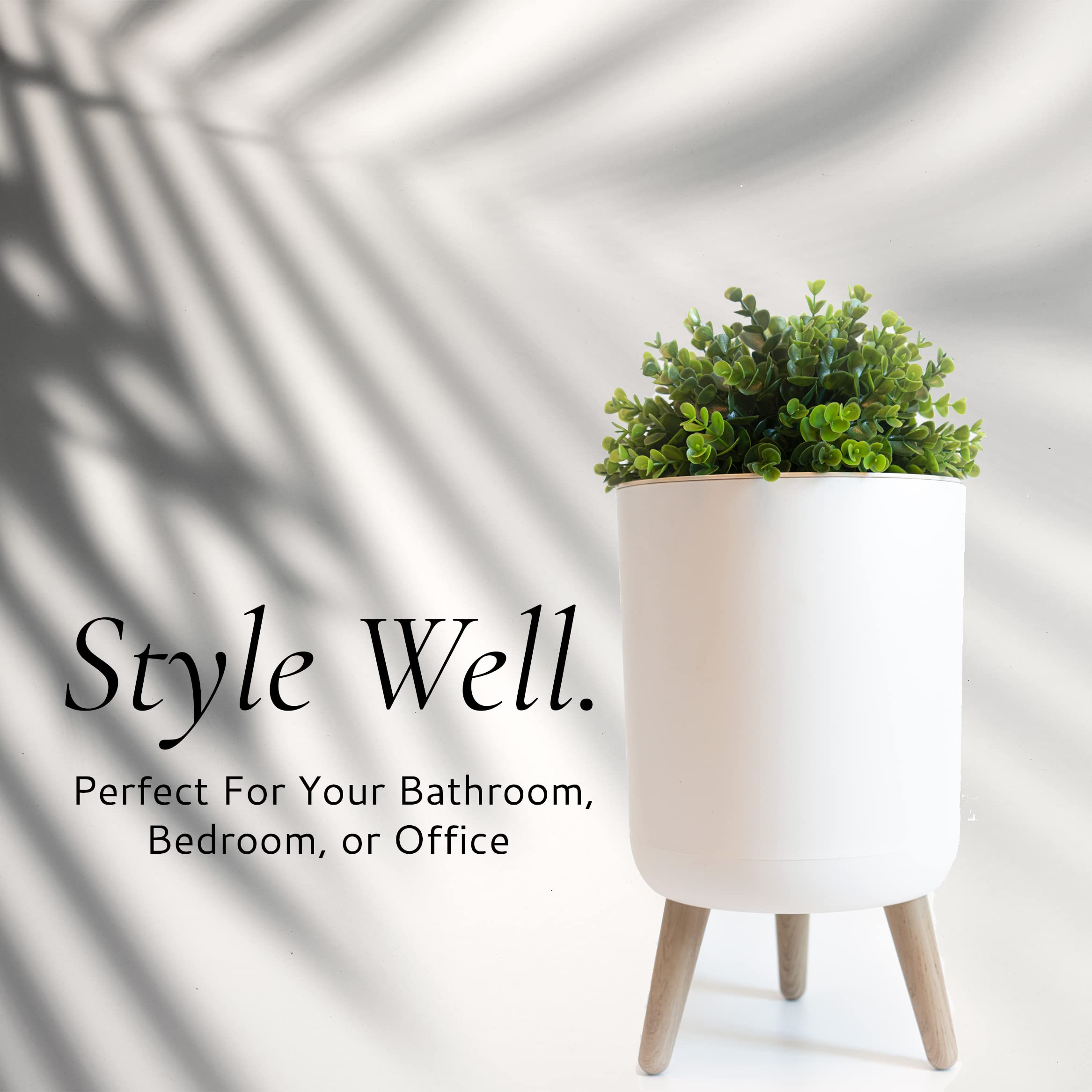 Earth & Mango 1.8 Gallon Small Bathroom Trash Can with Plant-Style Lid - White Decorative Waste Bin for Bathroom, Bedroom & Office - Eco-Friendly Plant-Look Garbage Can for Home, Dorm & Vanity Areas